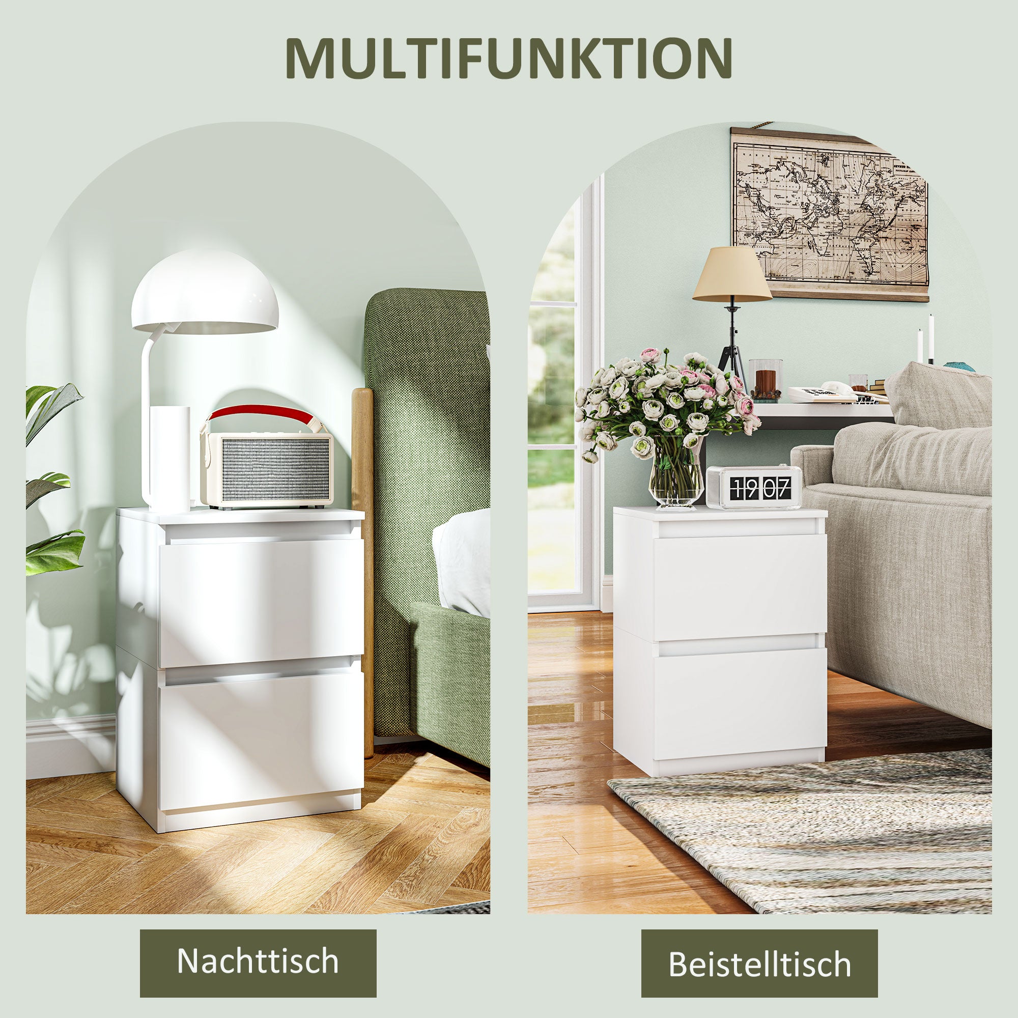 HOMCOM Nachttisch mit 2 Schubladen, Beistelltisch mit Stauraum, für Wohnzimmer, Schlafzimmer, Weiß