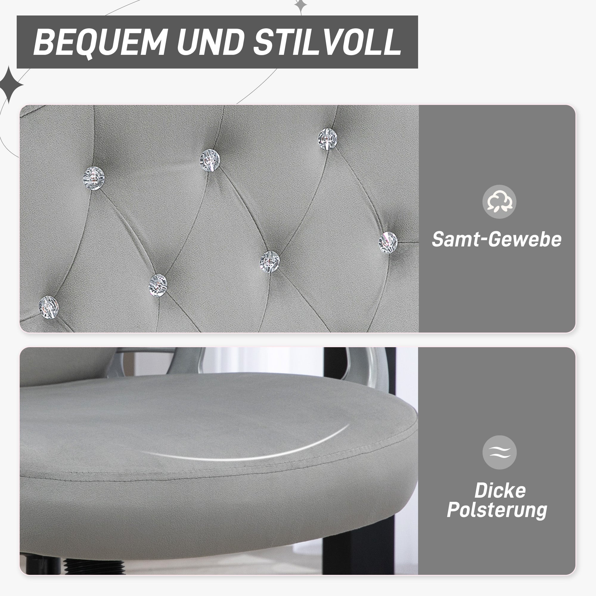 Vinsetto Bürostuhl, Wippfunktion, höhenverstellbar, Samtoptik, bis 120 kg, Hellgrau