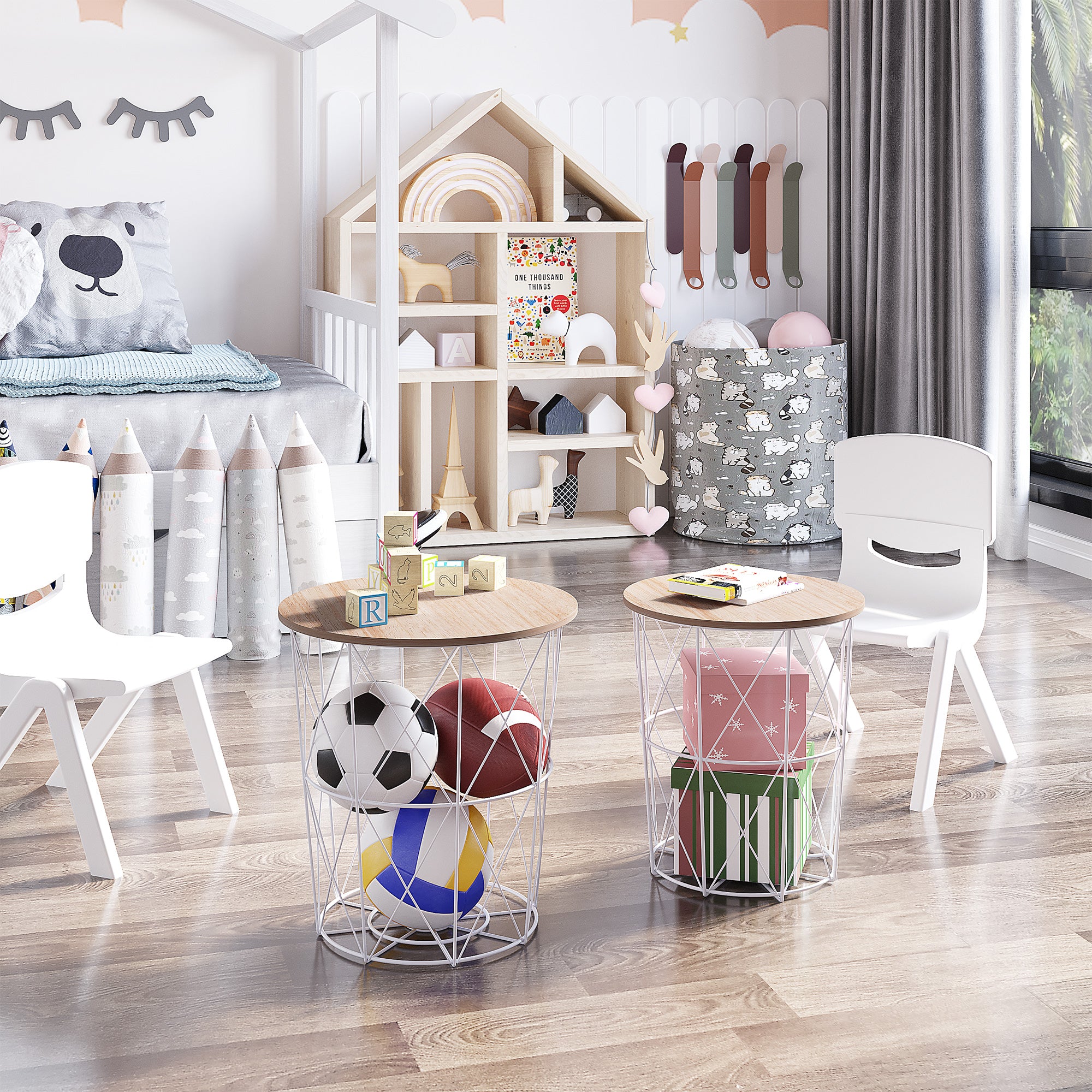 HOMCOM Couchtisch Rund 2er Set stapelbar Wohnzimmertisch Beistelltisch mit abnehmbaren Deckel Satztisch Kaffeetisch mit Metallgestell für Wohnzimmer Natur+Weiß