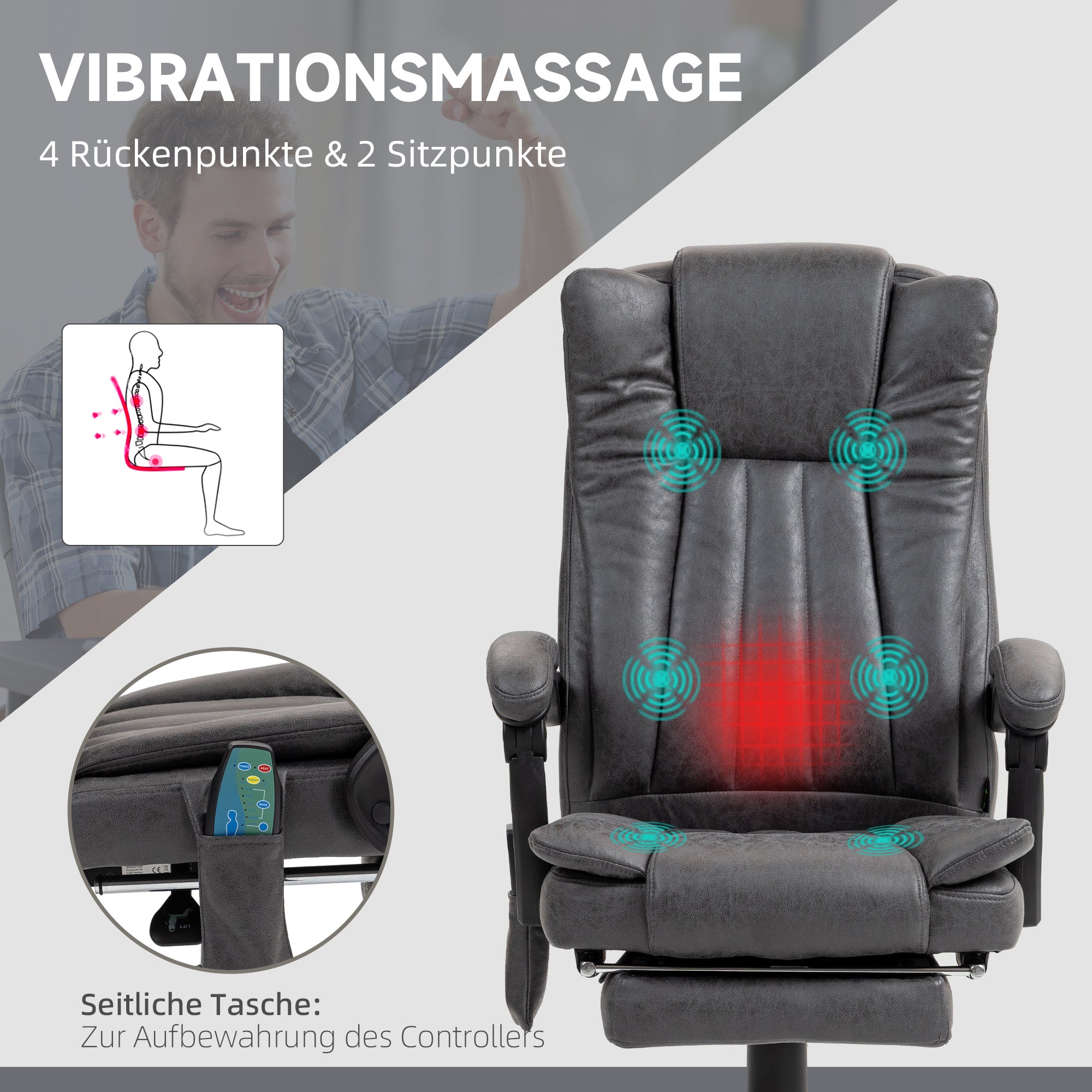 Vinsetto Chefsessel mit Massage- und Wärmefunktion, Fußstütze, verstellbar, bis 120kg, Grau