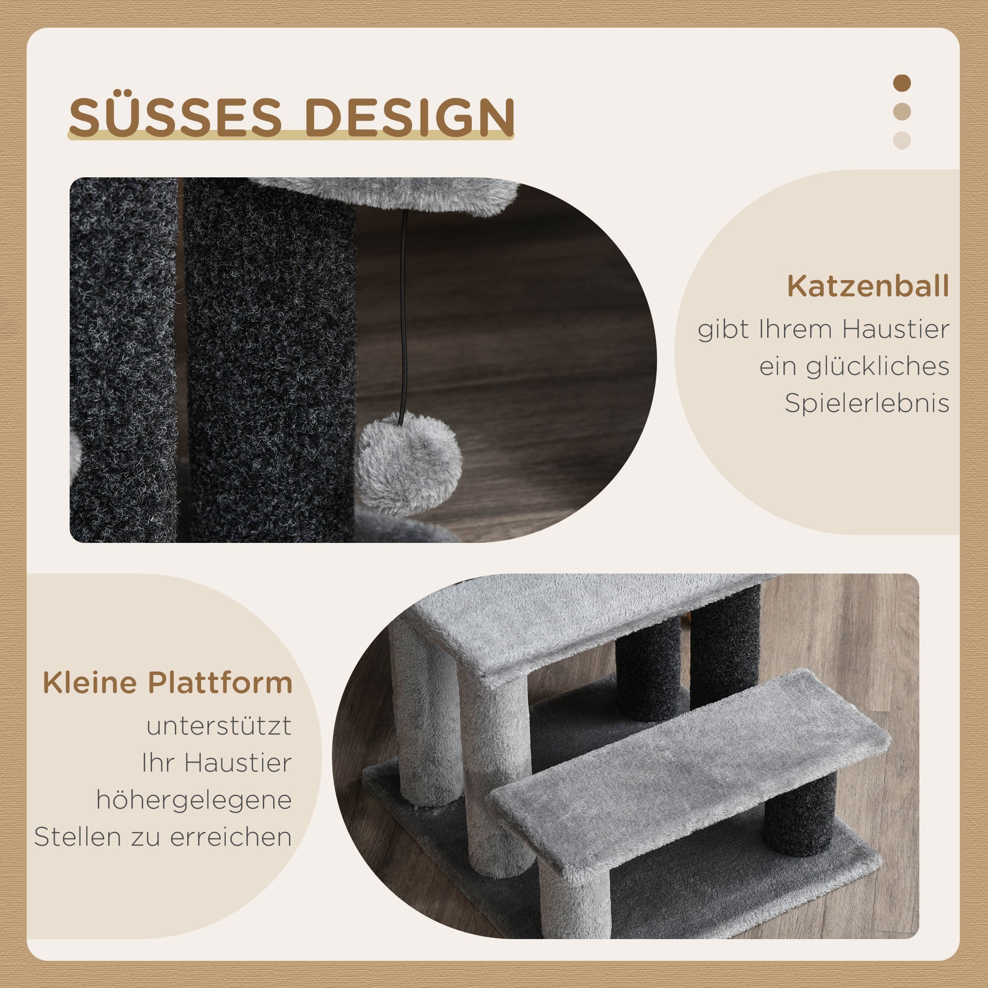 PawHut Katzentreppe 3-stufige Haustiertreppe mit Kratzsäulen Ball Hundetreppe Tiertreppe für Katzen bis 5 kg Plüsch Jute Grau 45 x 40 x 48 cm