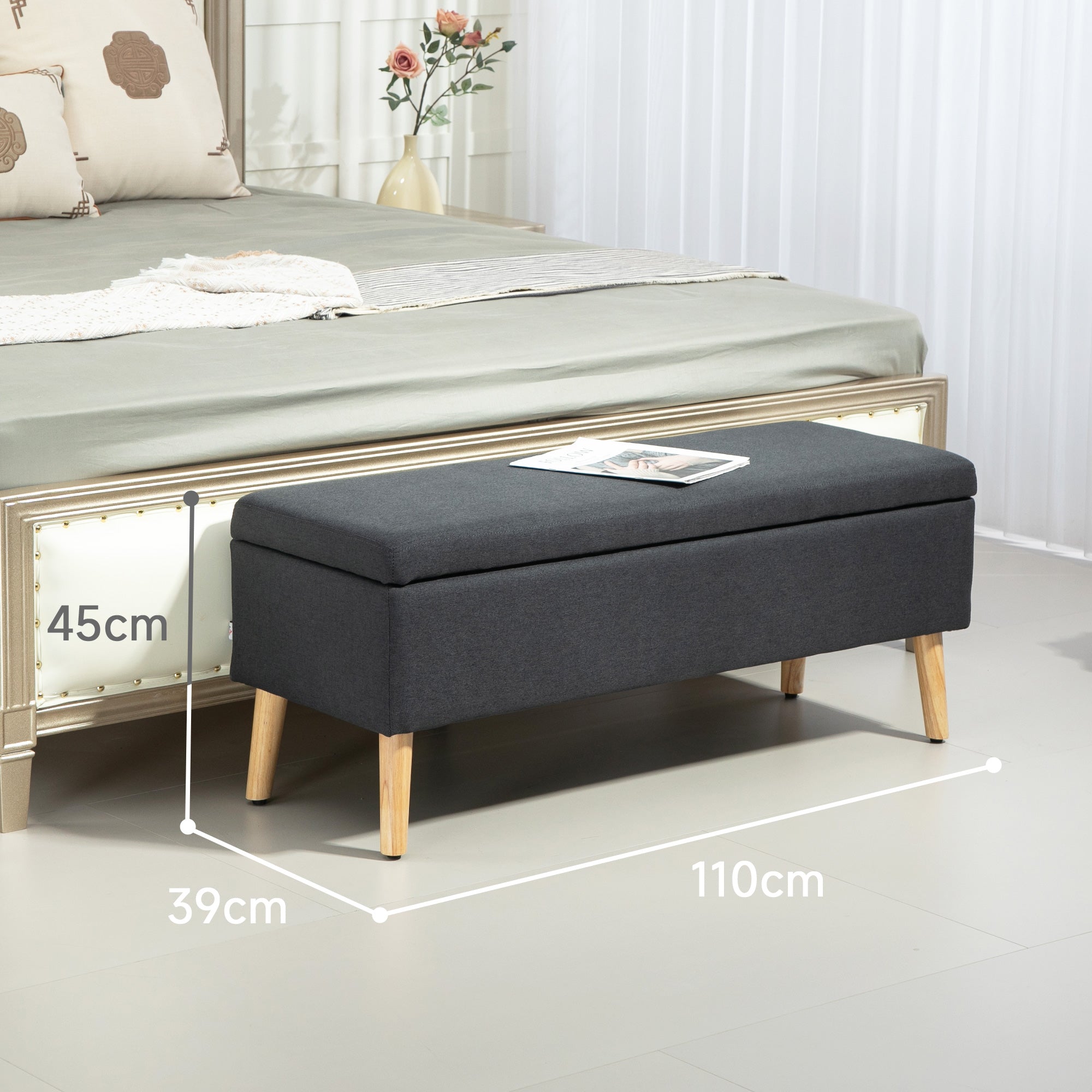 HOMCOM Polsterbank mit Stauraum, Bettbank in Leinenoptik, Kautschukholz, 110 x 39 x 45 cm, Dunkelgrau