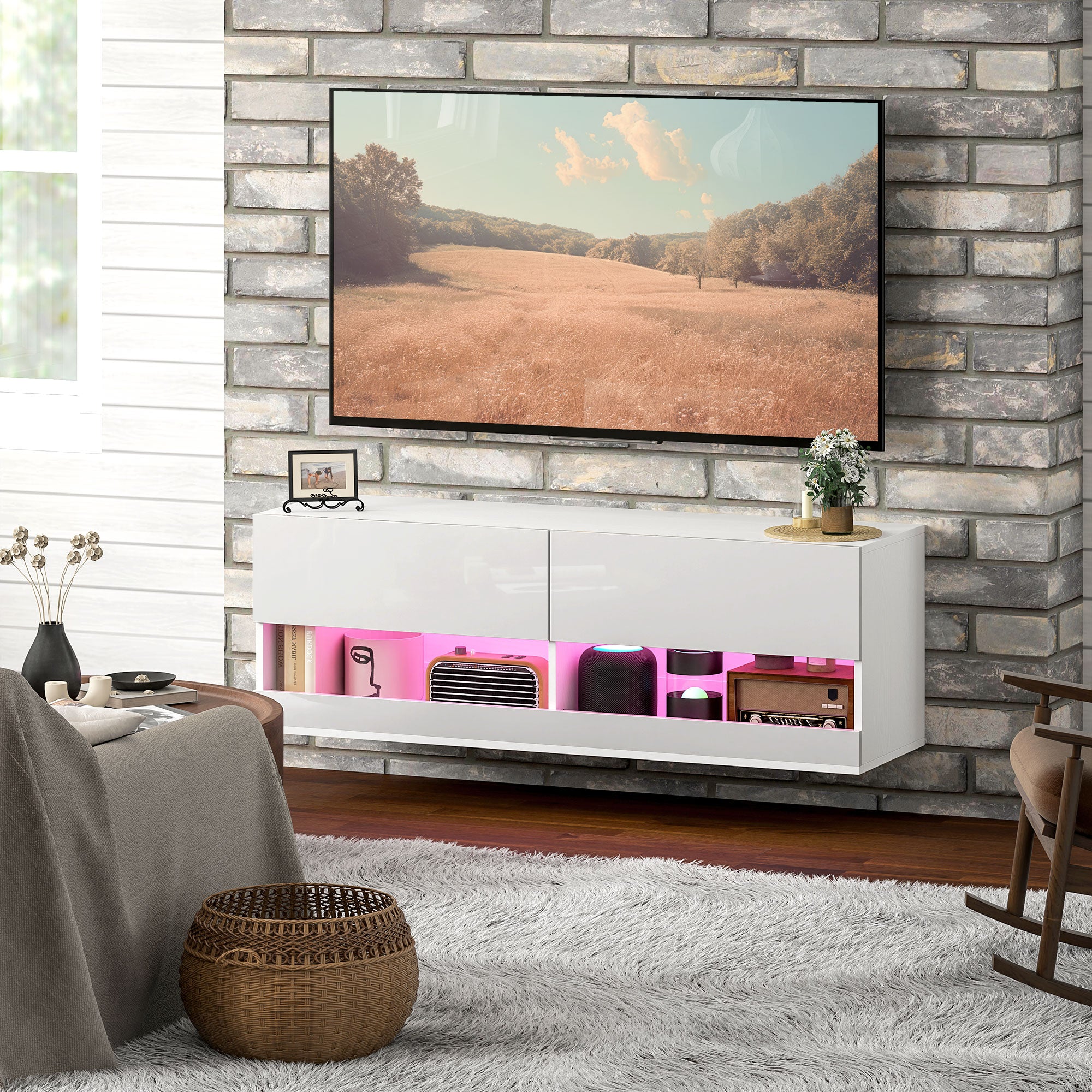 HOMCOM TV-Hängeschrank mit LED-Beleuchtung, 16 Blinkmodi, Wandmontierter TV-Schrank, Offene Regale, 120 x 35 x 40,5 cm, Weiß