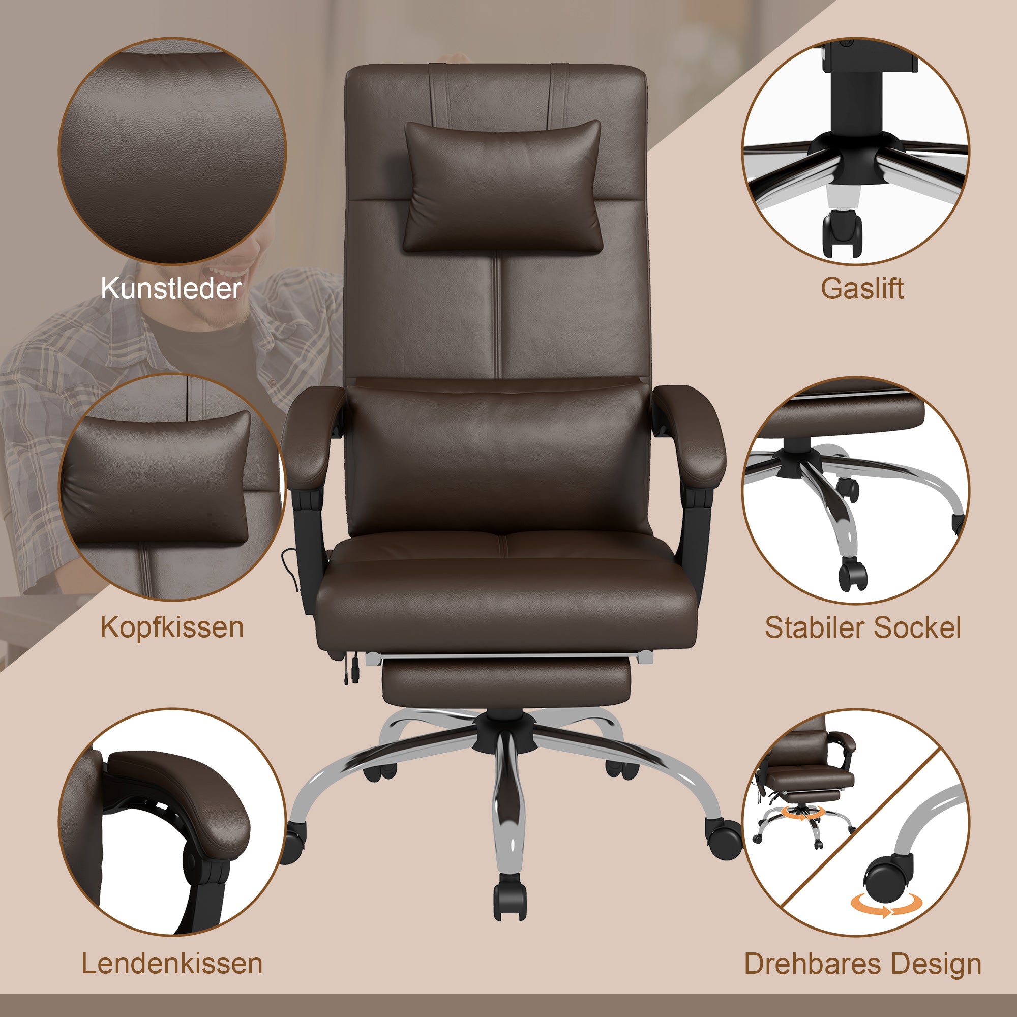 Vinsetto Bürostuhl mit Massagefunktion, Ergonomischer Schreibtischstuhl mit Liegefunktion, Kopfkissen, höhenverstellbar, Braun