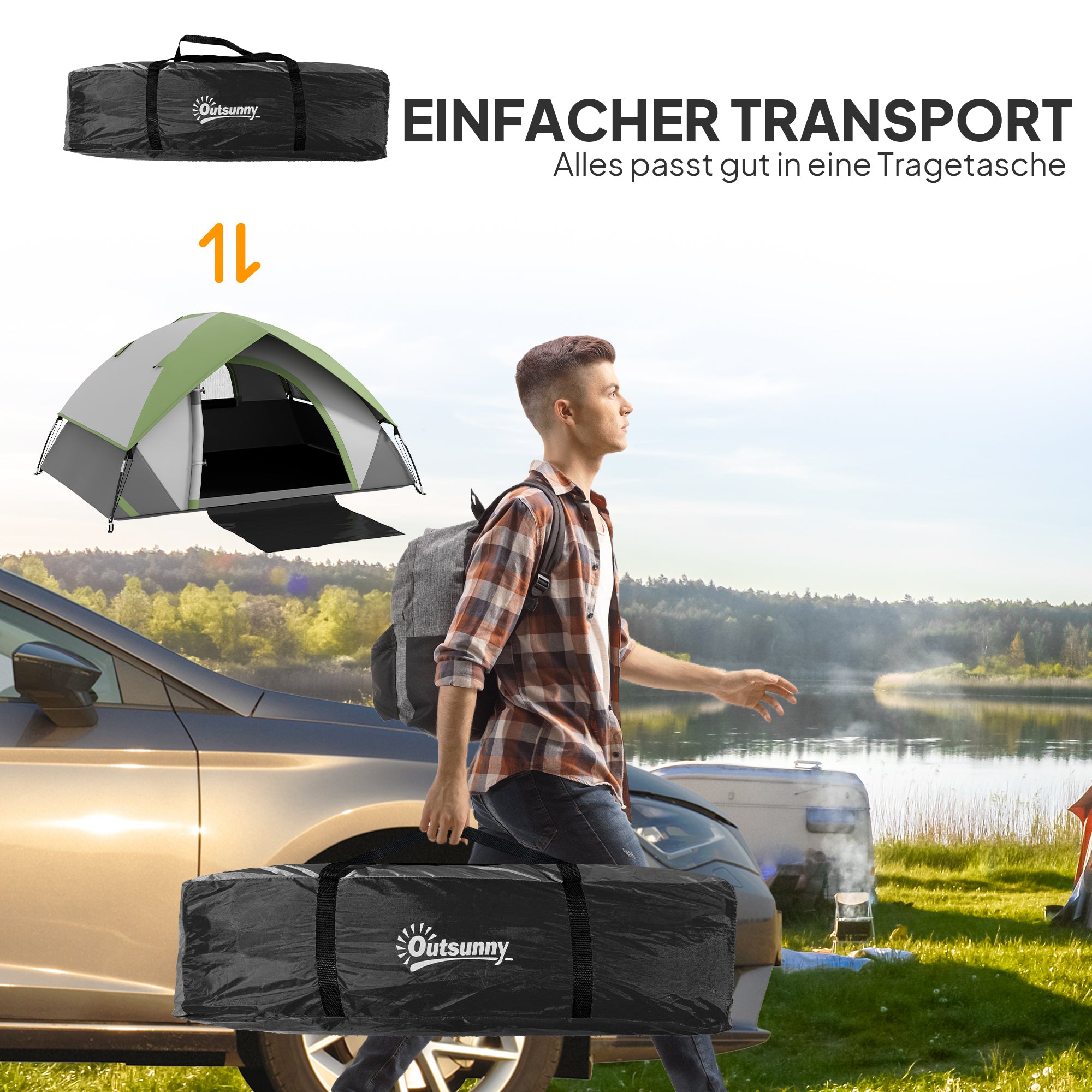 Outsunny Kuppelzelt für 2 Personen leicht, stabil wasserdicht Familienzelt mit Tür&Fenster Packtasche Grau+Grün
