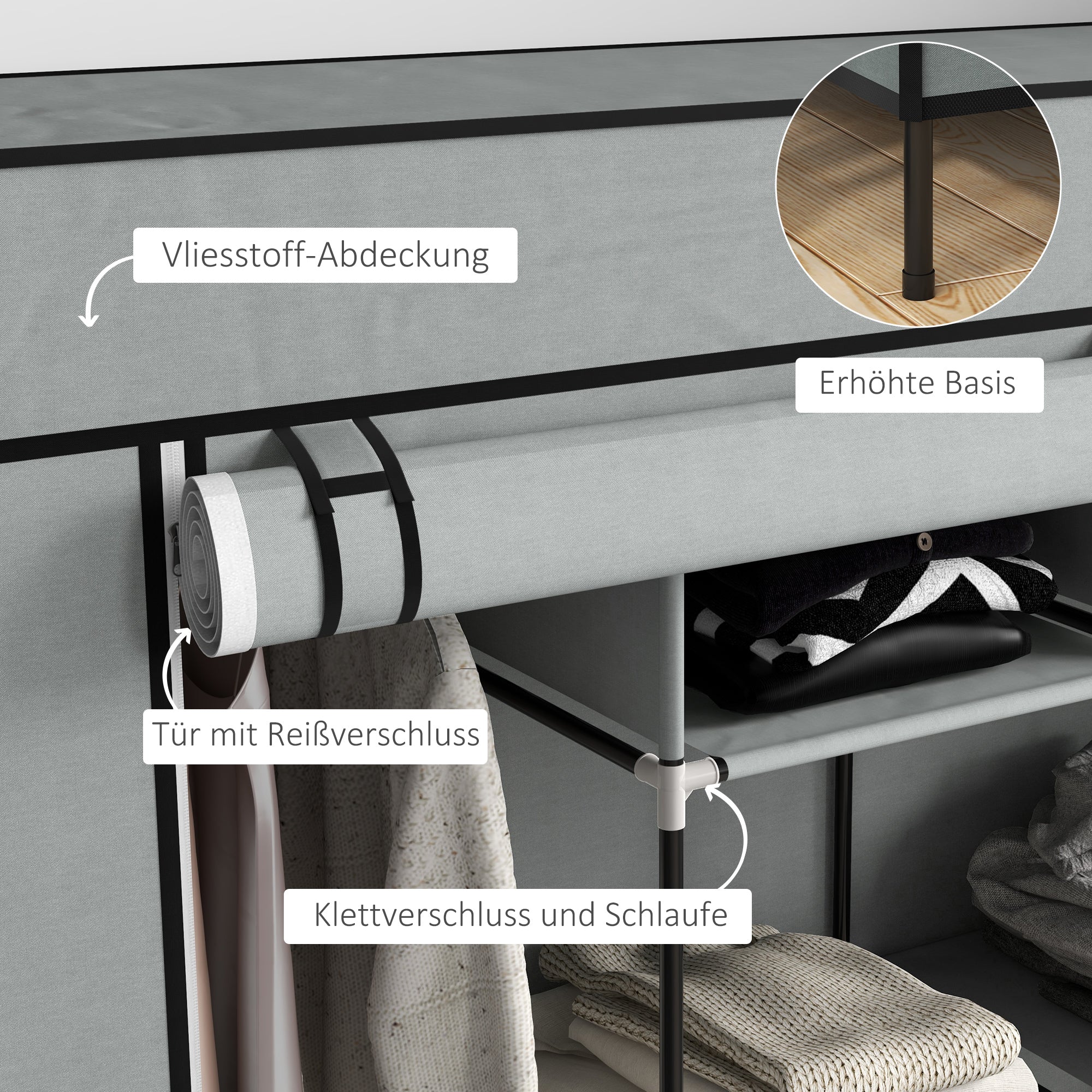 HOMCOM Kleiderschrank Stoffschrank, Türen, 2 Kleiderstangen, 10 Fächer, Grau