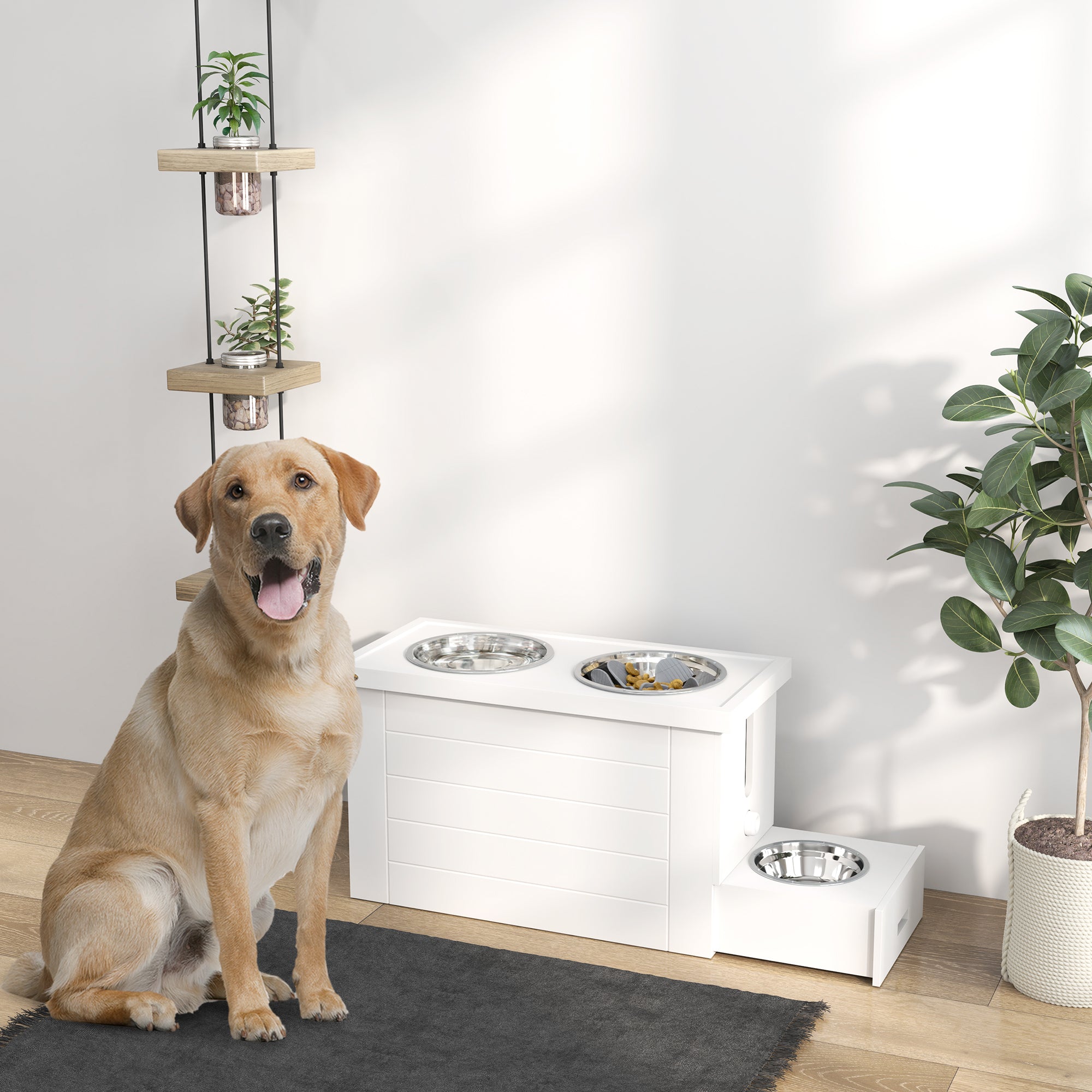 PawHut 2-in-1 Erhöhter Hundenapf Höhenverstellbar Futternapf mit Ständer 2 x 2L Edelstahlnäpfen Weiß