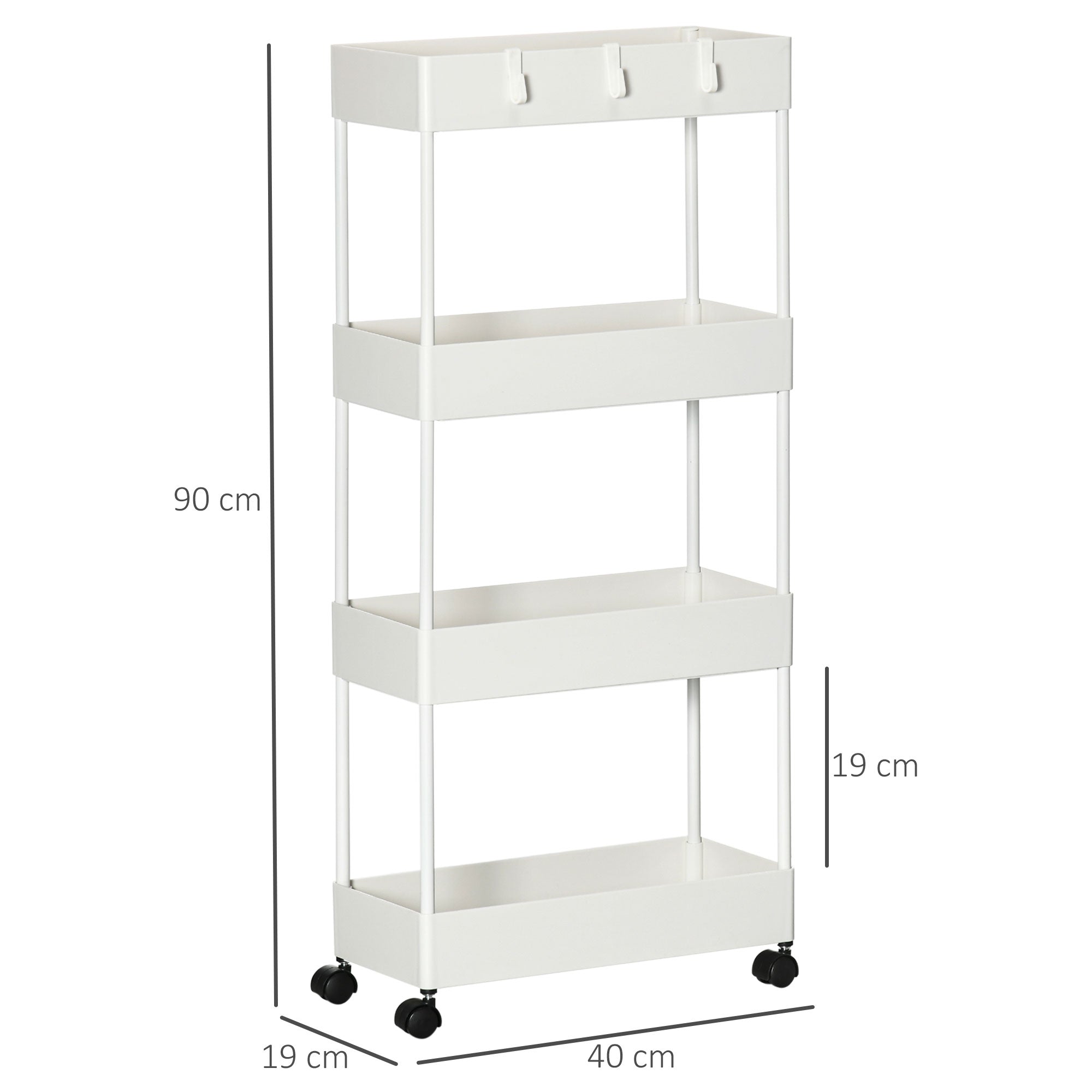 HOMCOM Küchenwagen mit 4 Regalen, 4 flexiblen Haken, 4 Rollen, 40 cm x 19 cm x 90 cm, Nischenwagen, Weiß