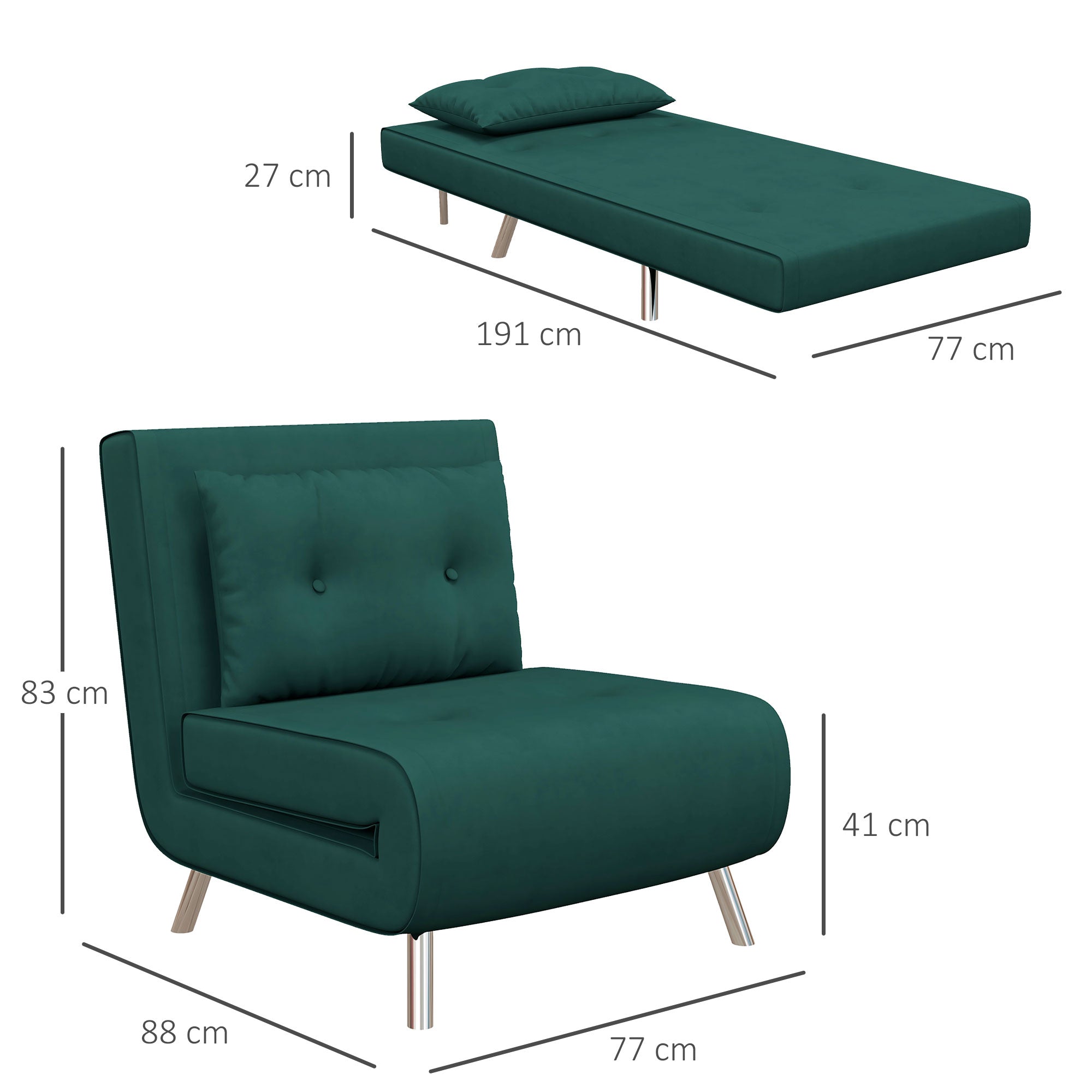 HOMCOM Liegesessel Sessel mit Liegefunktion Schlafsessel, Knopfheftung, Leinenoptik, 77 cm x 88 cm x 83 cm, Grün