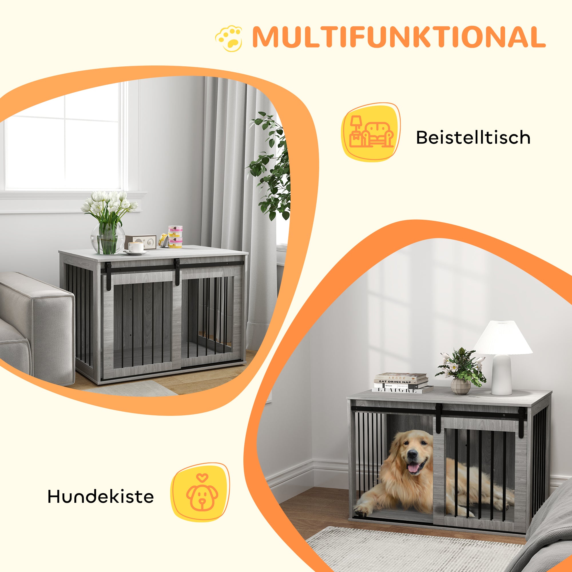 PawHut Hundebox mit Schiebetür, Belüftung, Spanplatte und Stahl, 98 x 58 x 61 cm, Grau