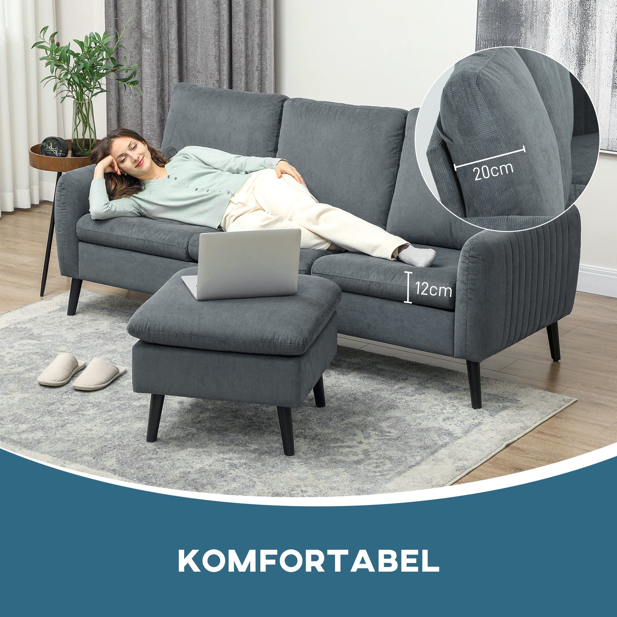 HOMCOM Ecksofa, 3-Sitzer-Sofa mit Fußhocker, Stoffbezug, L-förmiges Couch-Set, Dunkelgrau