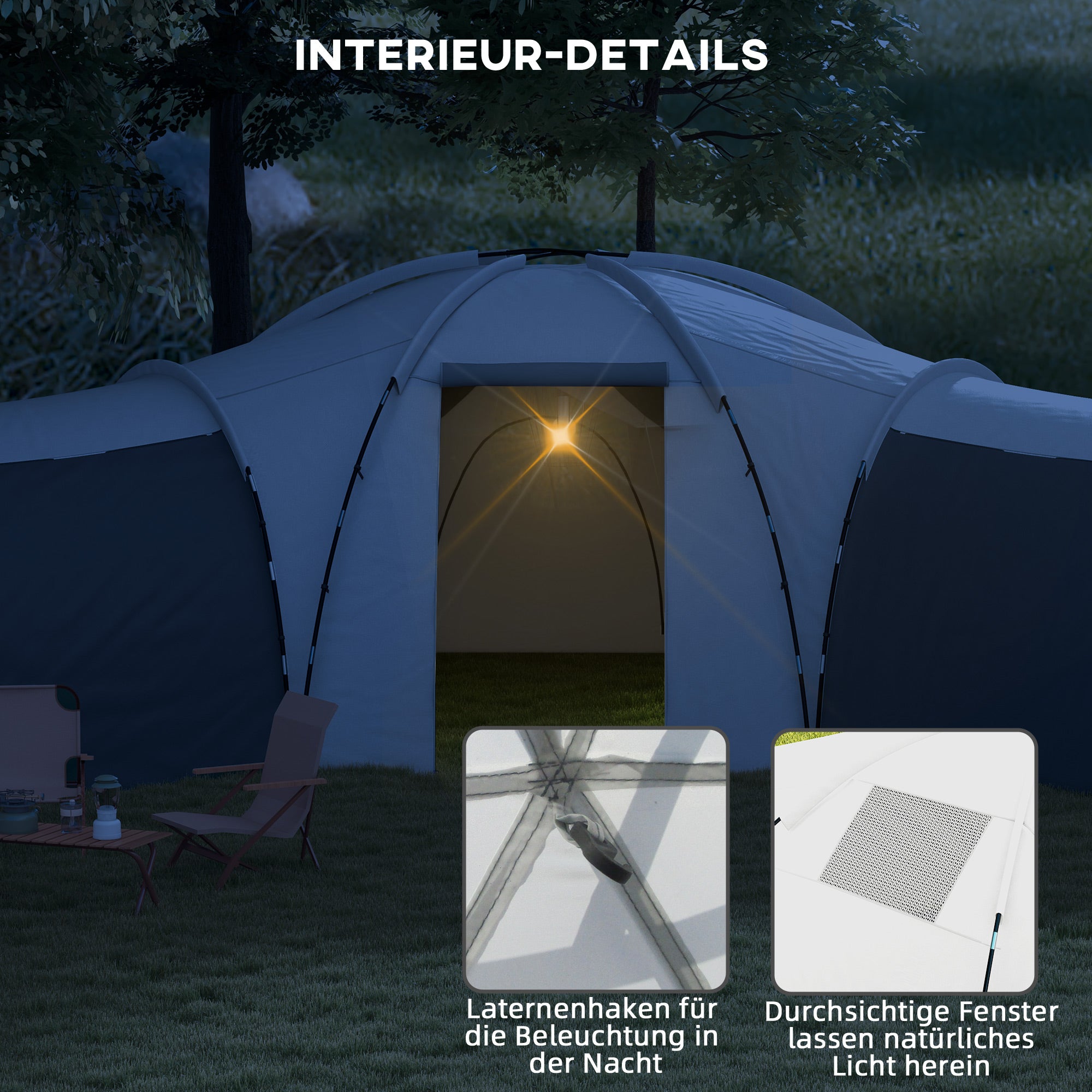 Outsunny Campingzelt für 6-9 Personen, 4 Räume, Vorzelt, wasserdicht, 615x 615x225cm, Grau