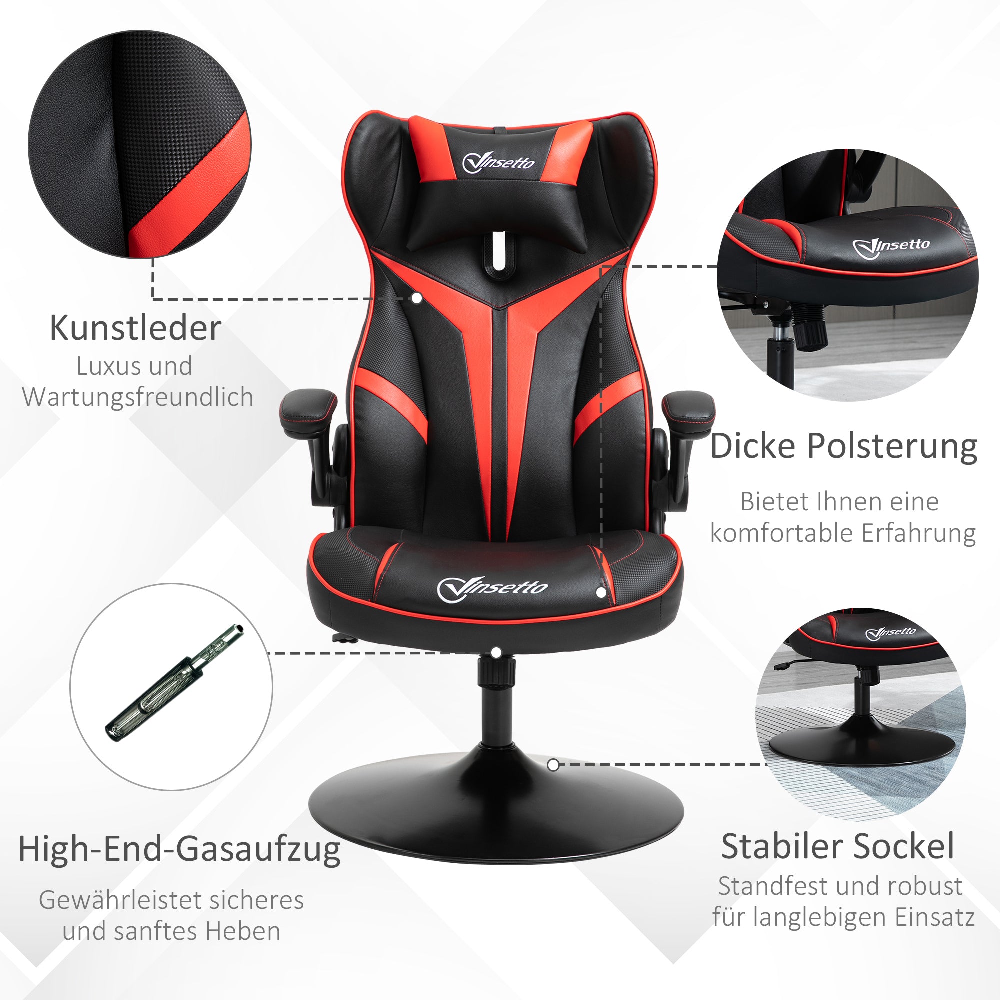 Vinsetto Gaming Stuhl ergonomischer Computerstuhl mit Wippfunktion Drehstuhl höhenverstellbar Stahl Schwarz+Rot 67 x 70 x 106-112 cm