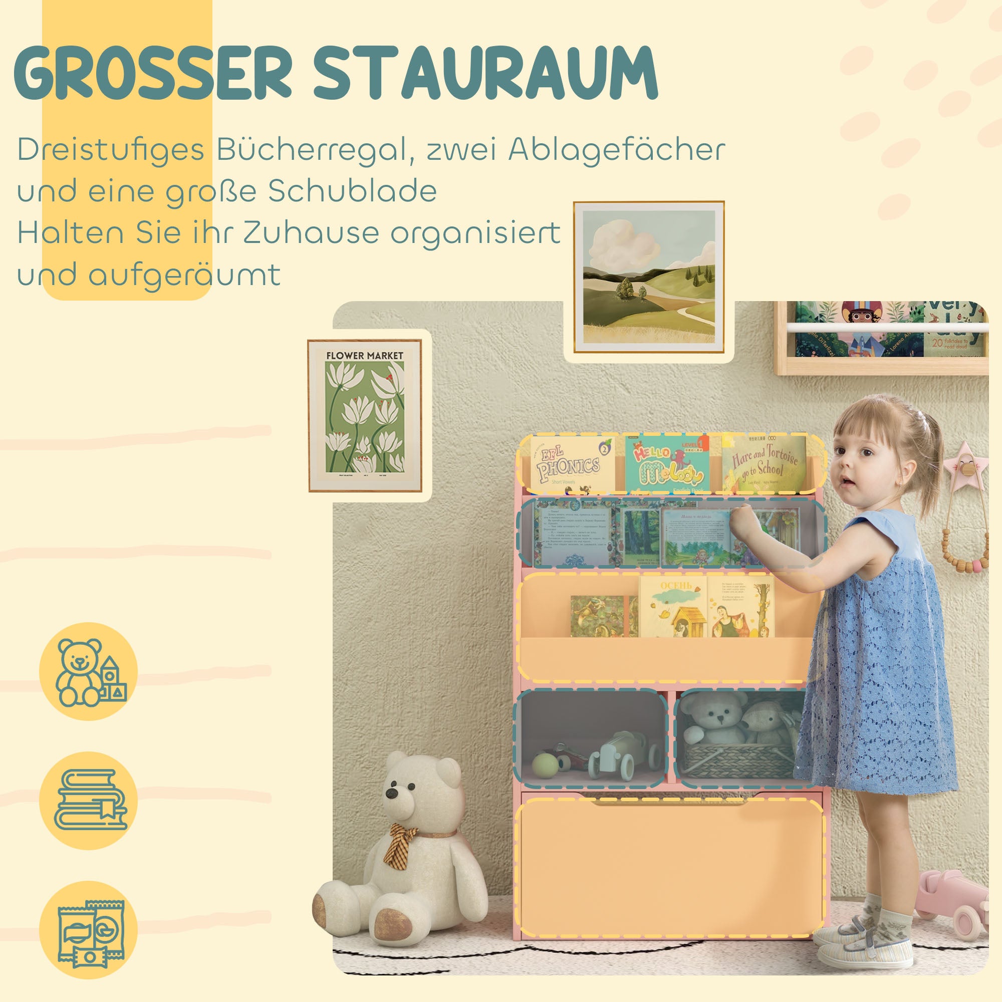 HOMCOM Kinderregal mit Schublade, Bücherregal mit Fächern, 60 x 29,9 x 90 cm, Rosa