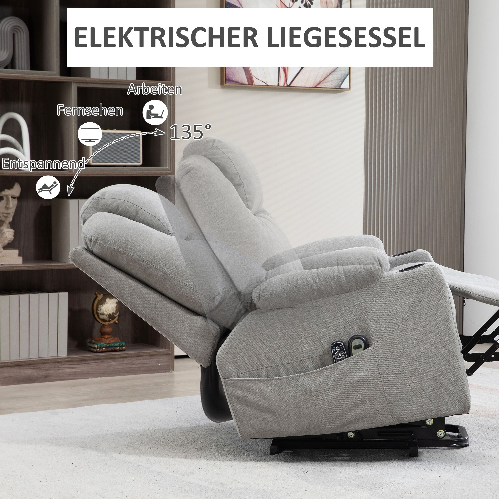 HOMCOM Massagesessel Aufstehhilfe Seniorensessel, 8 Vibrationspunkte, 2 Seitentaschen, Getränkehalter, 90 x 101 x 107 cm, Grau