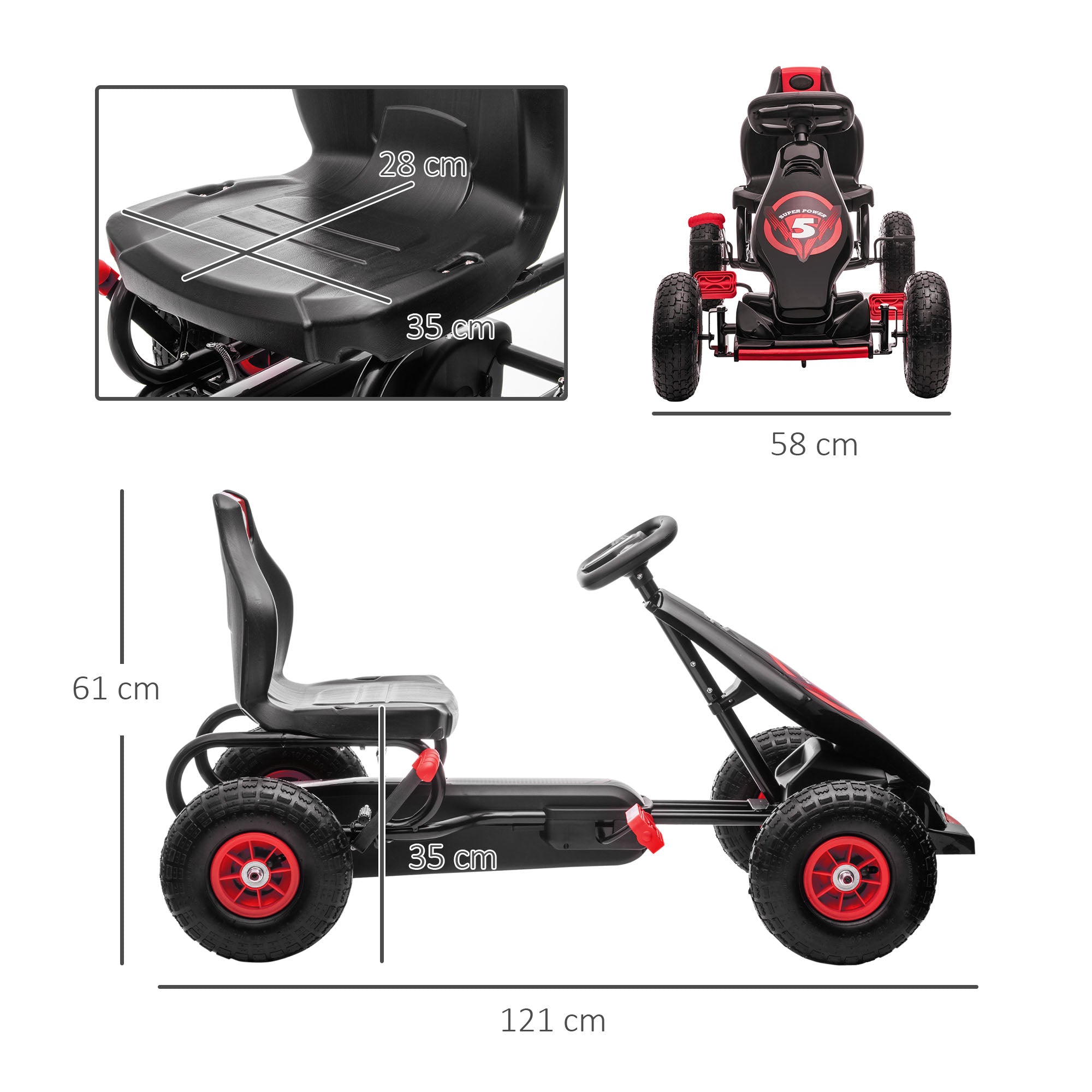 HOMCOM Kinder-Gokart, mit Pedalen, verstellbarem Sitz, In- und Outdoor, ab 5 Jahren, Rot+schwarz, 121 x 58 x 61 cm