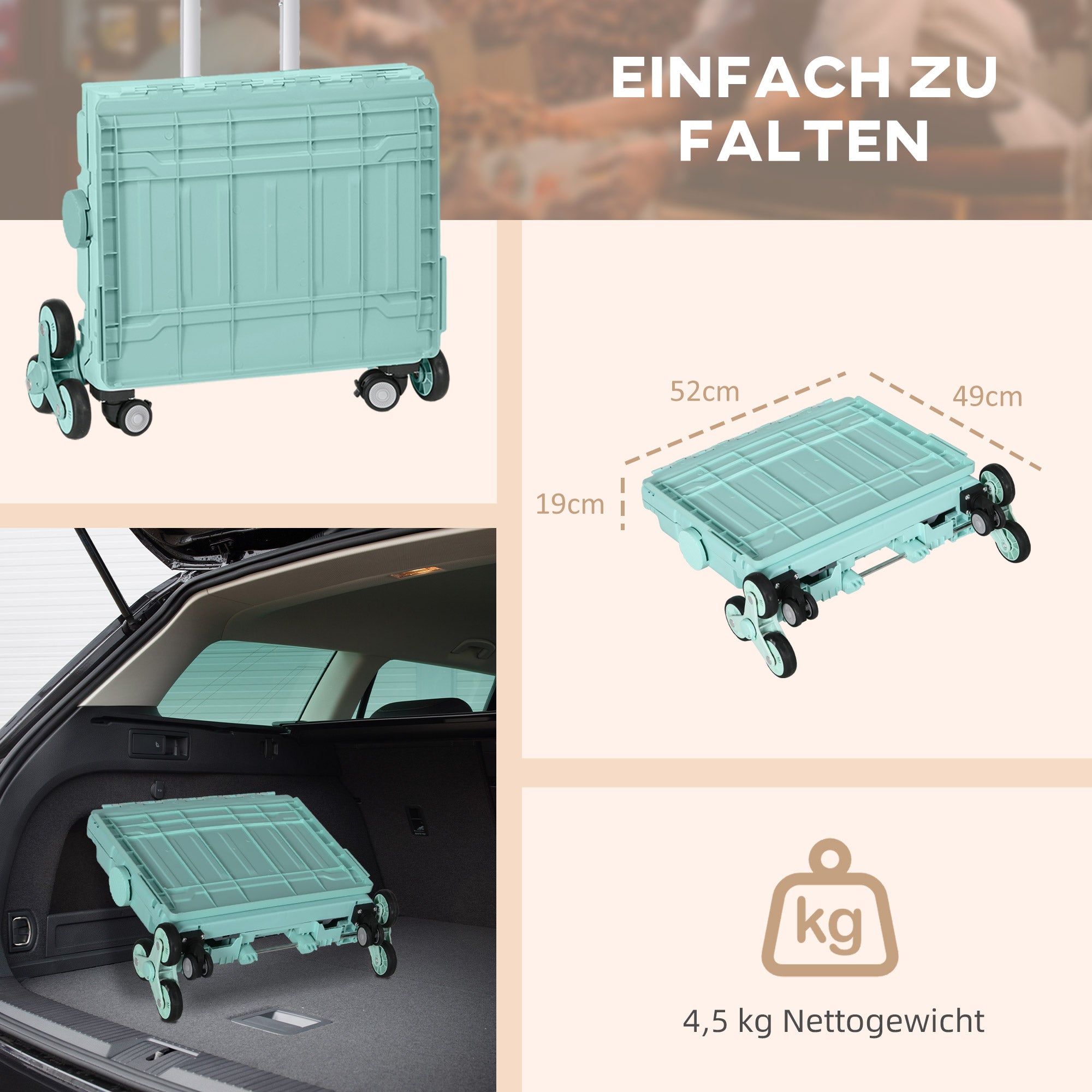 HOMCOM Einkaufswagen Einkaufstrolley, Treppensteiger,  klappbar, Teleskopgriff, bis max. 65 Kilo belastbar, Grün
