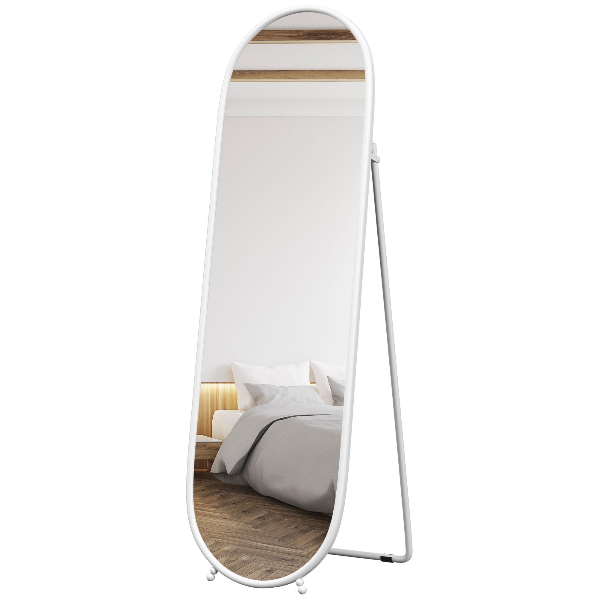 HOMCOM Ganzkörperspiegel, ovale Form, freistehend, Metallrahmen, 40x160cm, Farbe: Weiß