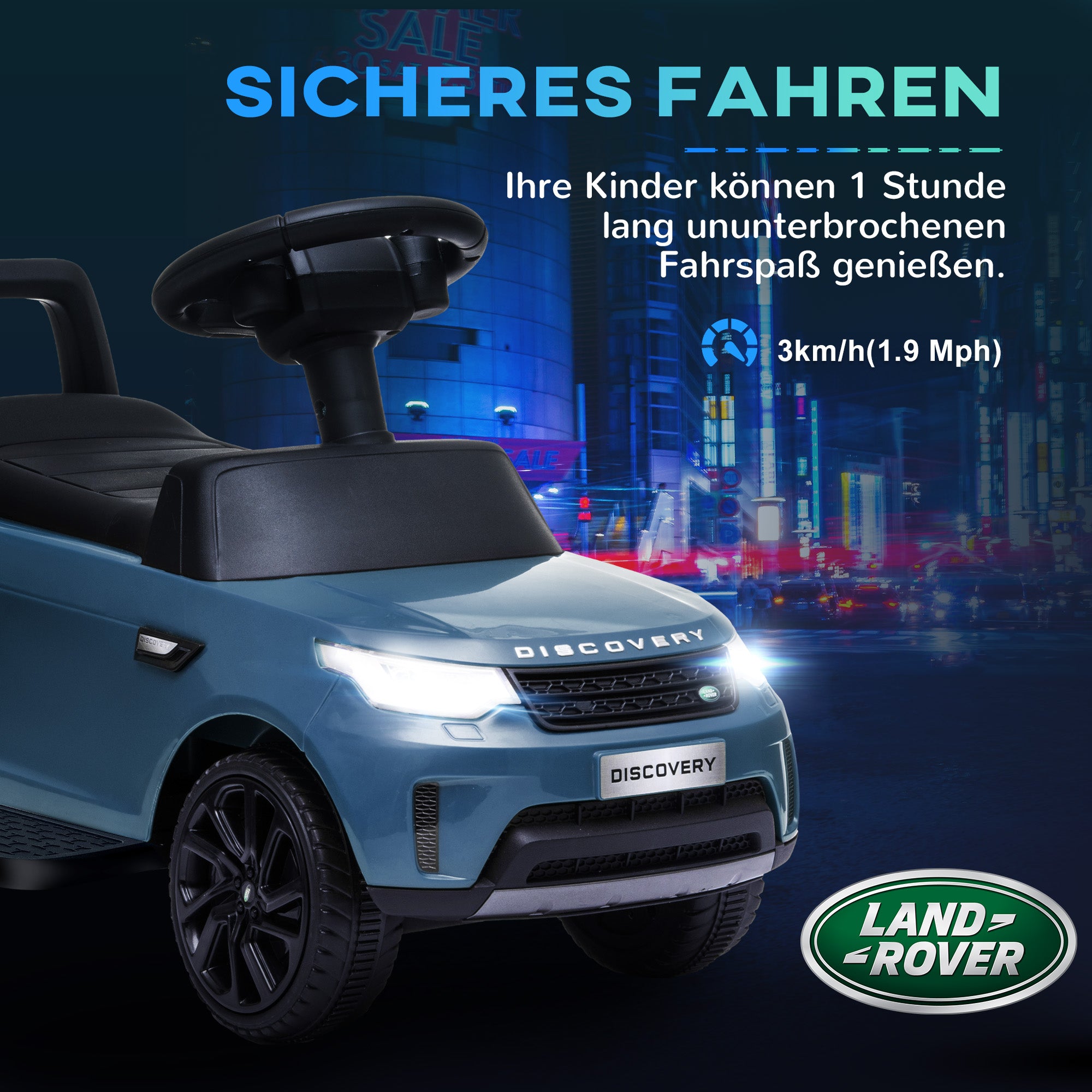 AIYAPLAY Elektro Kinderauto 6V, Land Rover, Fahr-/Schiebemodus, Scheinwerfer, Musik, Hellblau