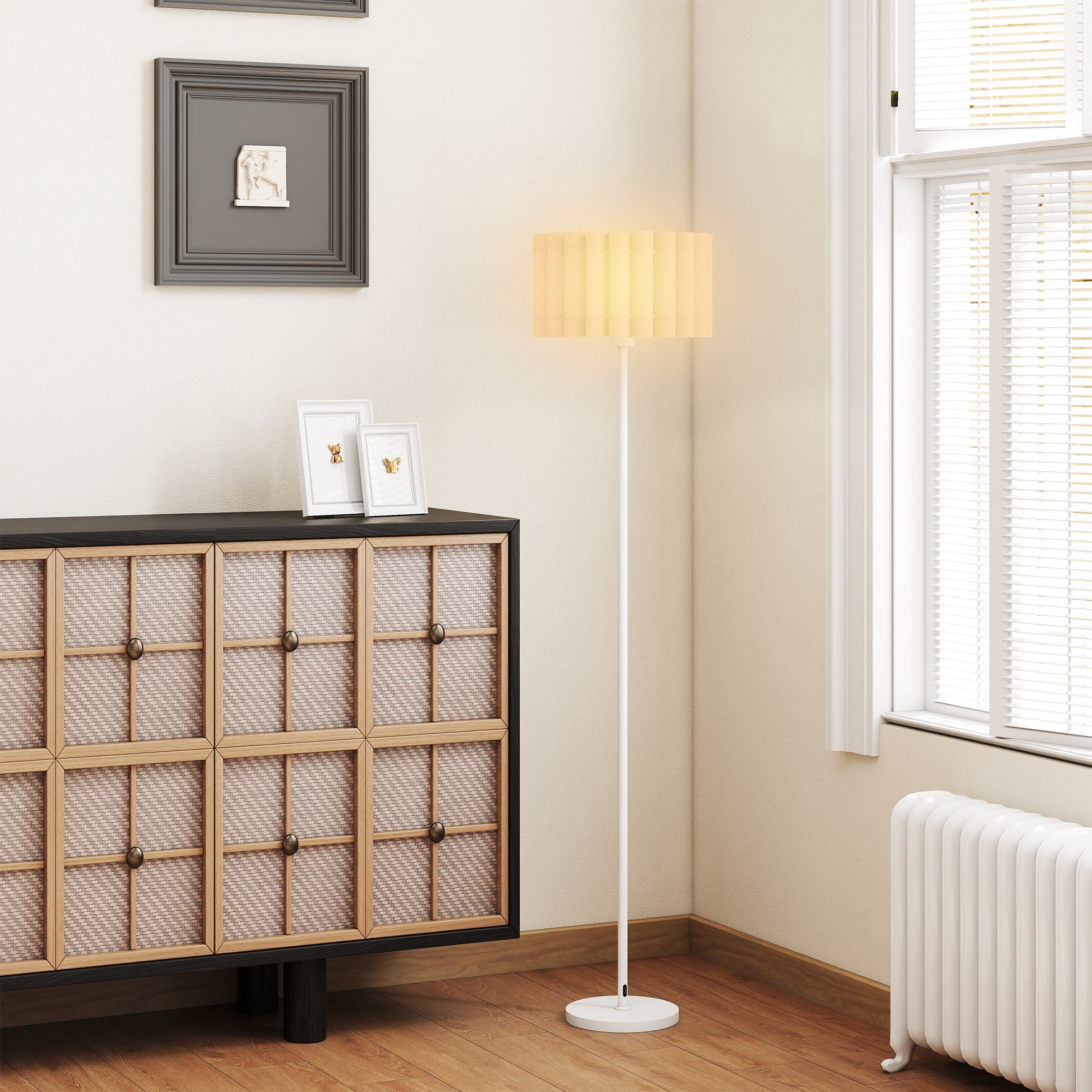 HOMCOM Stehlampe im Retro-Stil, Kunststoff-Lampenschirm, Fußschalter, Metallstab, Weiß