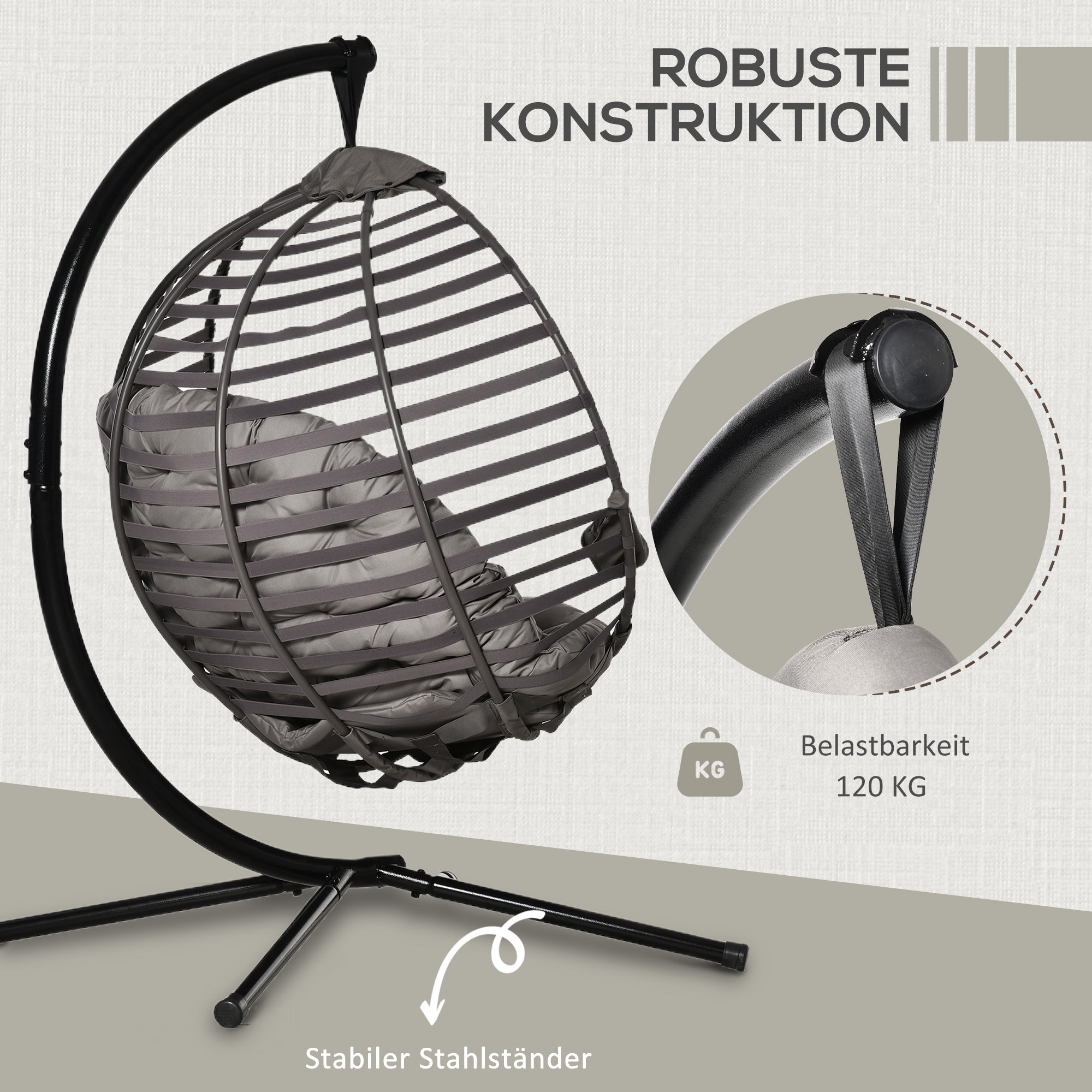 Outsunny Hängesessel mit Gestell, Eiförmiger Hängeschaukel mit weichem Sitzpolstern,faltbar Hängematte für den Außenbereich Schaukelsessel Indoor Outdoor, Terrasse, Garten, Grau