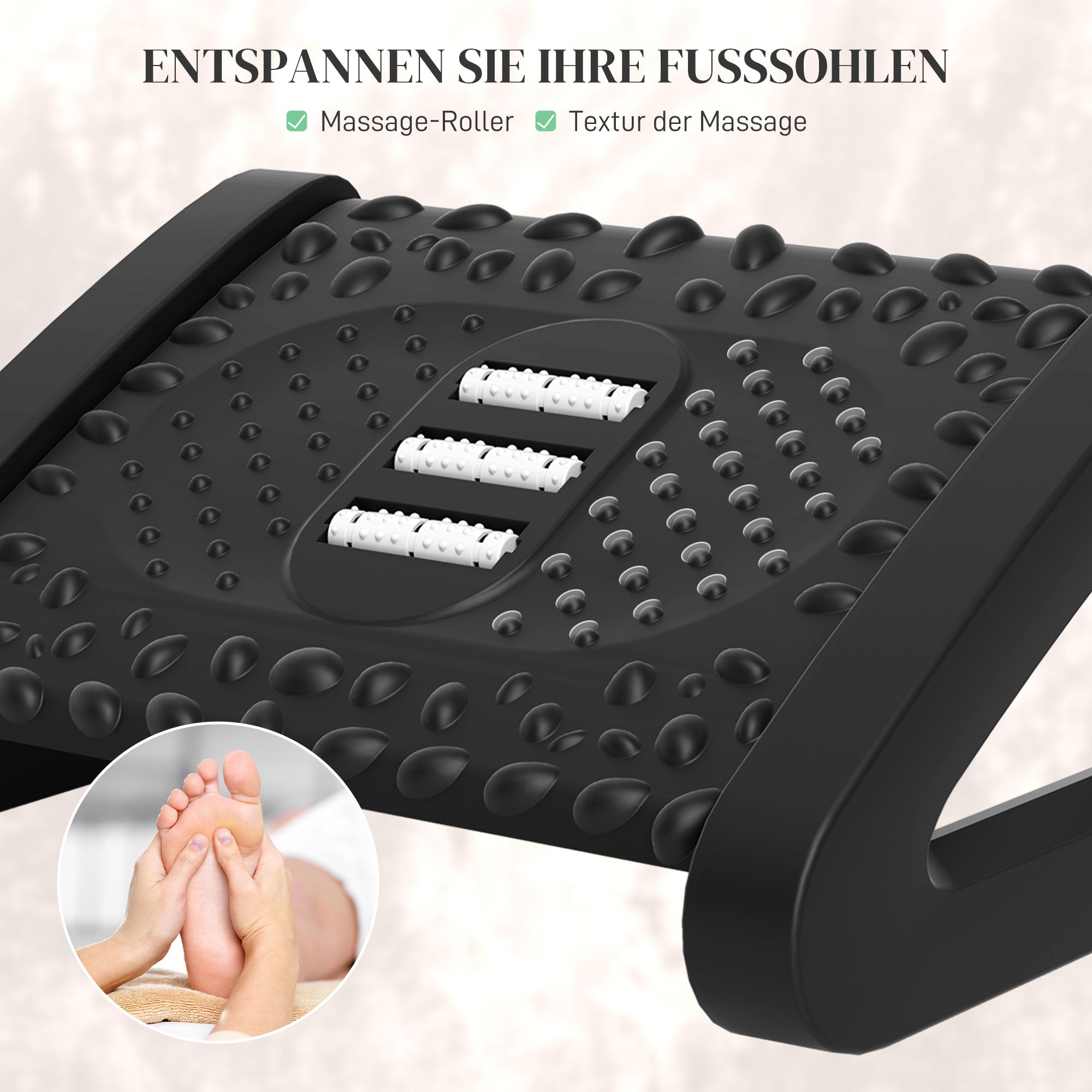 HOMCOM Fußstütze für den Schreibtisch, höhenverstellbarer Fußhocker mit Massage-Oberfläche und Rollen, Kunststoff, Schwarz