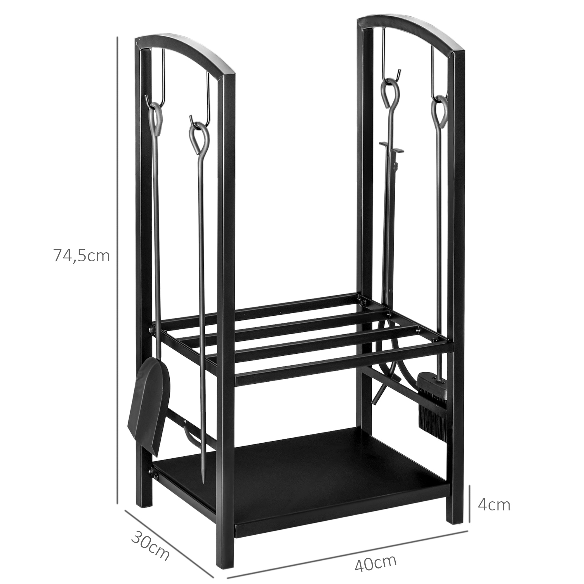 Outsunny Kaminholzständer, Brennholzregal, 2 Etagen, Kaminbesteck, bis 100 kg, Stahl, Schwarz, 40 x 30 x 74,5 cm