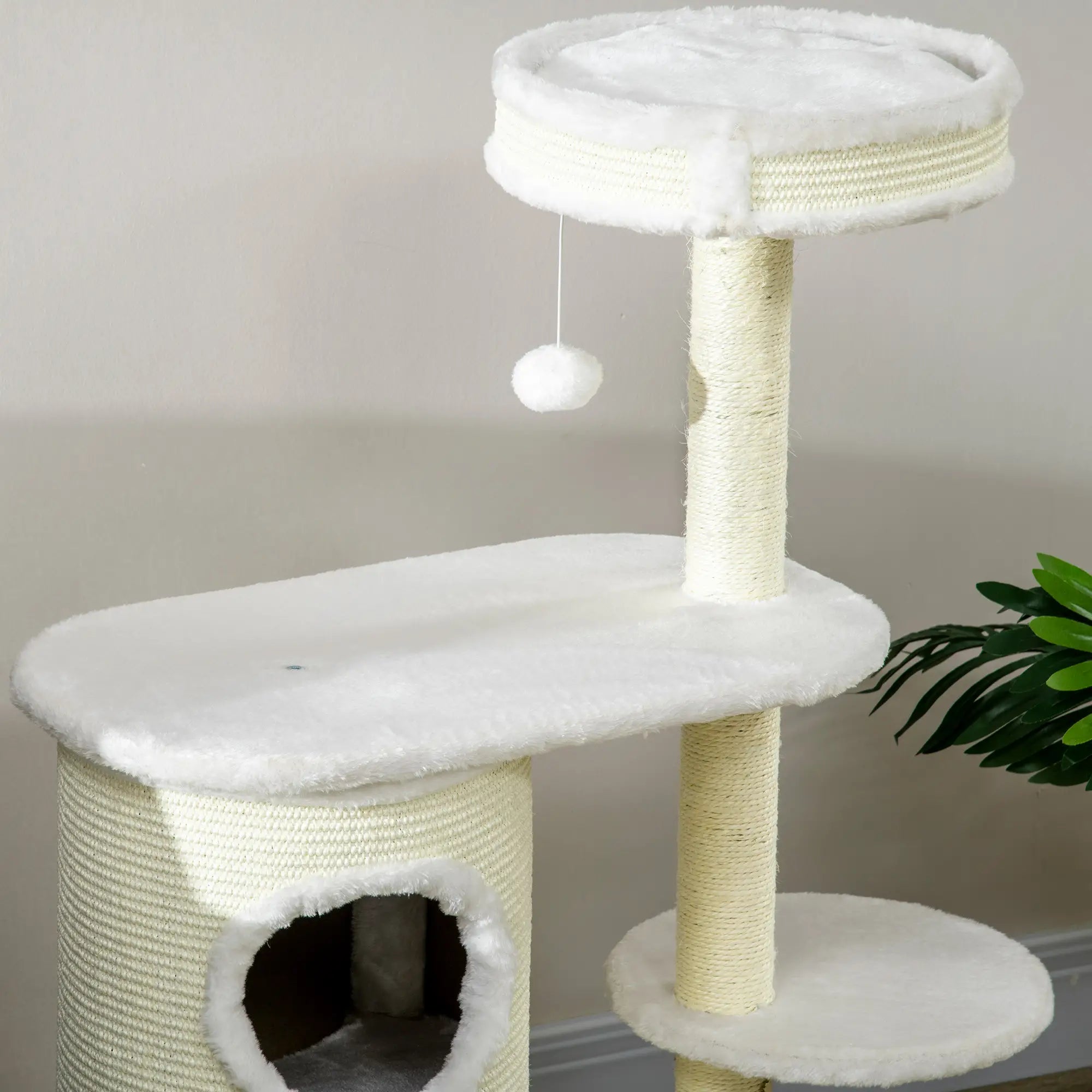PawHut Kratzbaum mit Kratztonne, 1 Katzenbett und Katzenspielzeug, 59 cm x 35 cm x 100 cm, Cremeweiß
