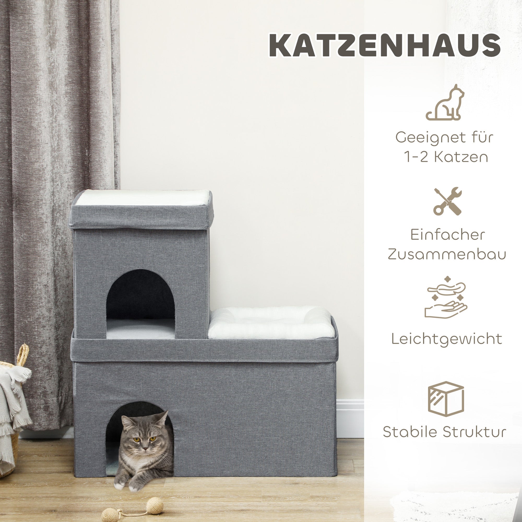 PawHut Katzenhaus mit 2 Katzenhöhlen, einfache Montage, Plüsch, 74 x 37,5 x 78,5 cm, Grau/Cremeweiß