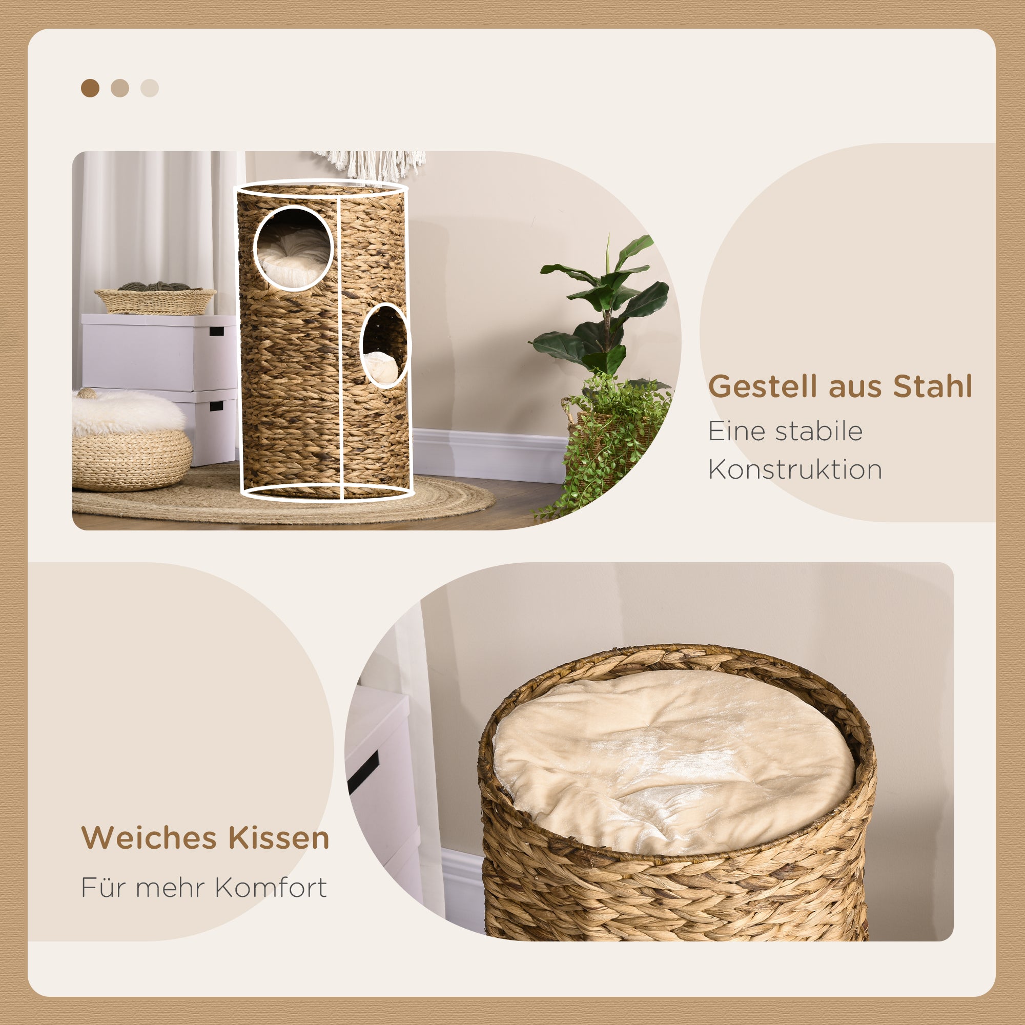PawHut Katzenhöhle mit 3 Ebenen, 3 Eingänge, Boho-Design, inkl. Kissen, 40 cm x 40 cm x 73 cm, Hellbraun + Cremeweiß