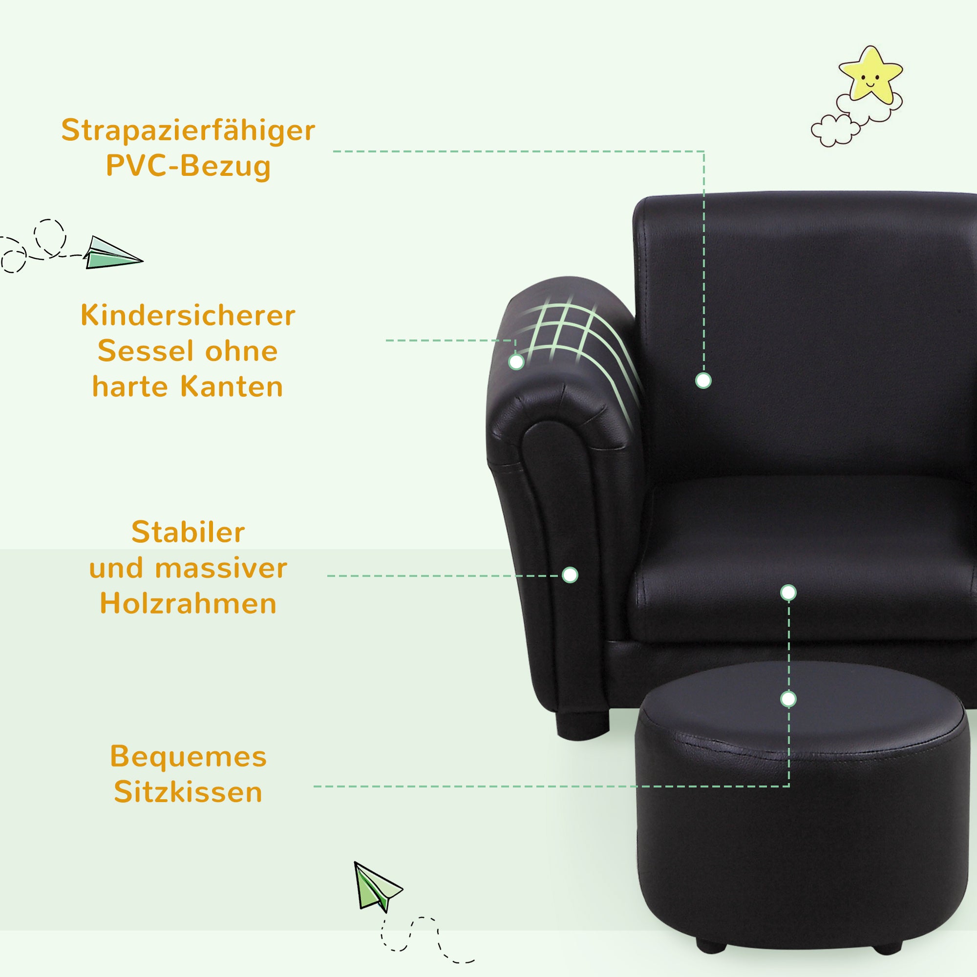 HOMCOM Kindersessel mit Fußhocker Kindercouch Kindersofa Minisofa für 1,5-3 Jahre Kinder Kindermöbel Holz Schwarz 54 x 42 x 41 cm
