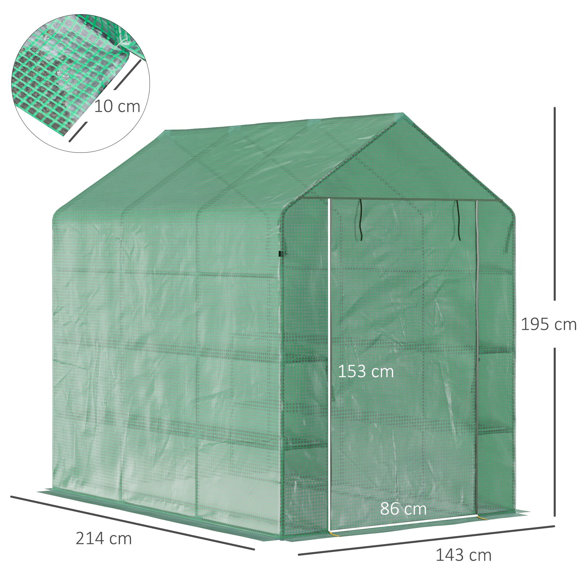 Outsunny Foliengewächshaus begehbares Gewächshaus mit 8 Regalebenen Tomatengewächshaus Treibhaus Frühbeet mit Tür Grün Stahl PE-Kunststoff 214 x 143 x 195 cm
