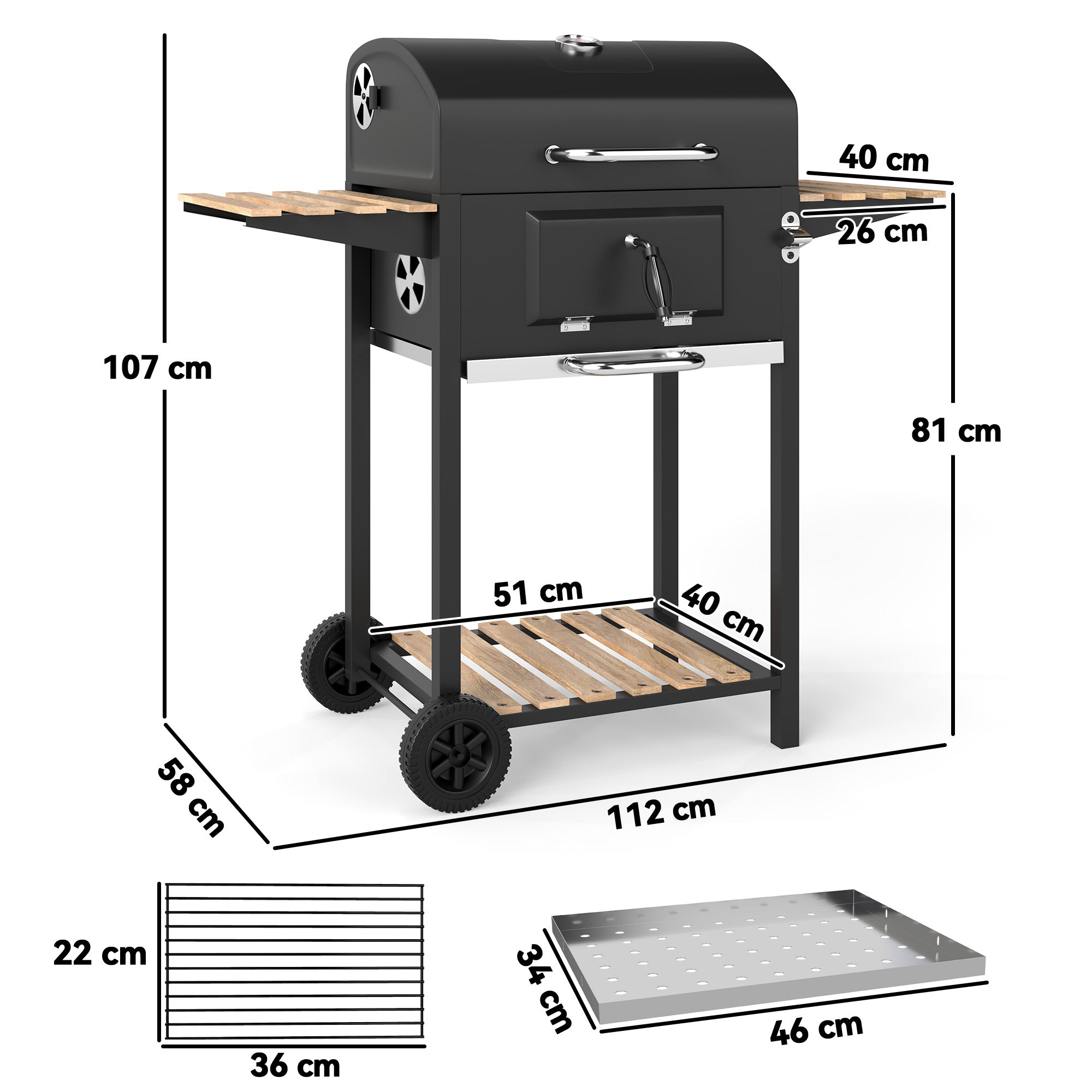 Outsunny Holzkohlegrill, höhenverstellbare Kohlenpfanne, Grillwagen, Regale, Thermometer, Flaschenöffner, Stahl, Holz, Schwarz