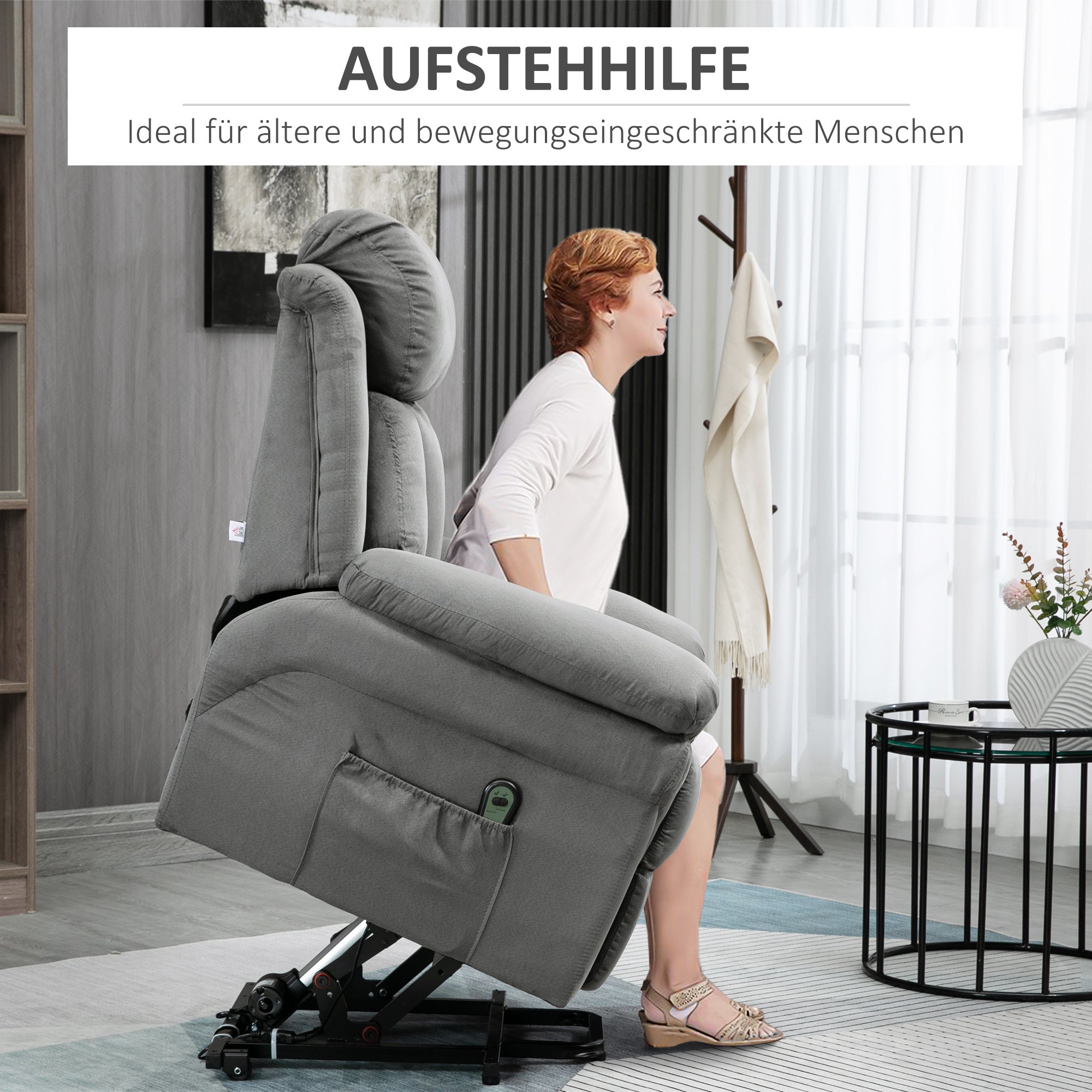 HOMCOM Fernsehsessel mit Aufstehhilfe, Relaxsessel. mit ausklappbarer Fußstütze, inkl. Fernbedienung, Grau