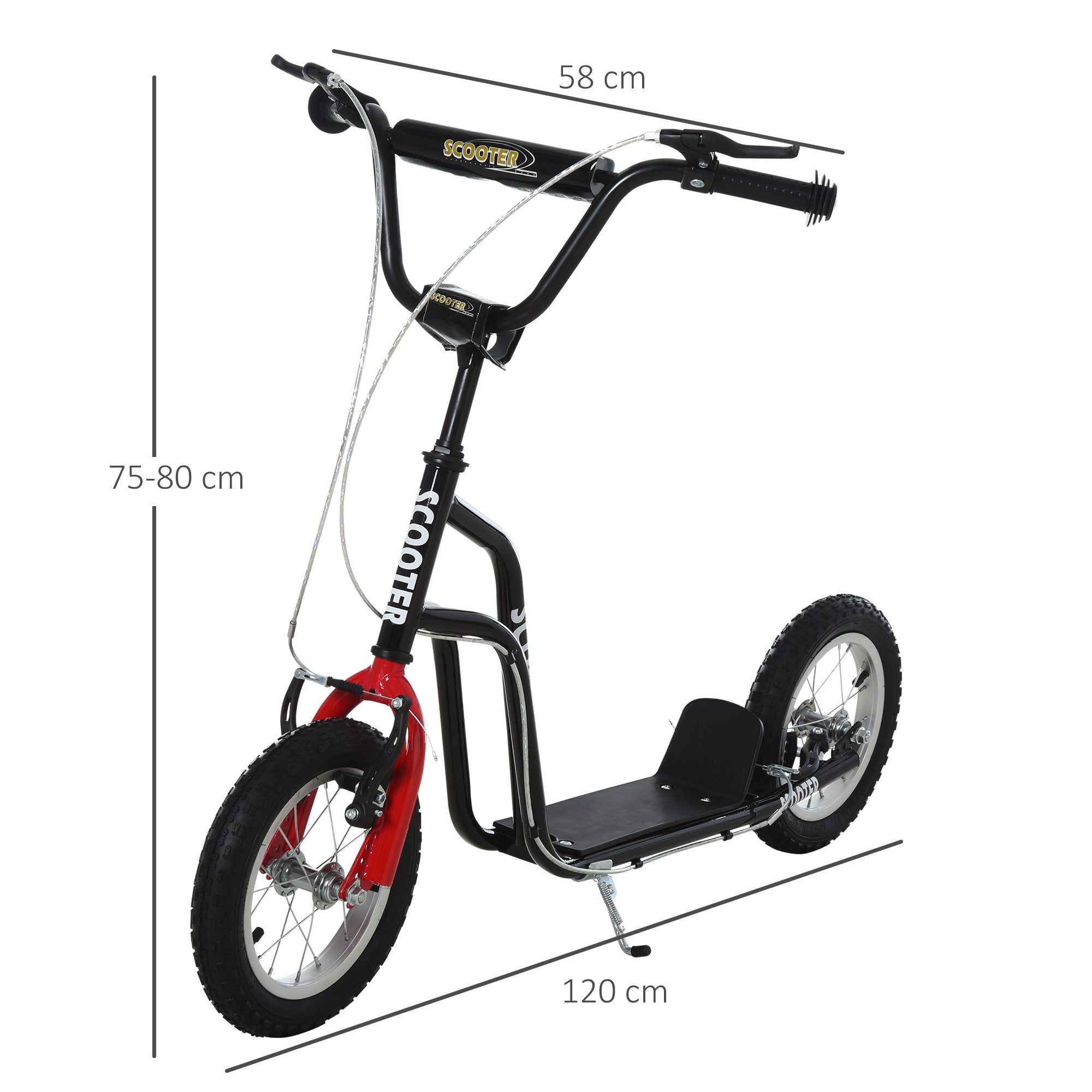 HOMCOM Kinderroller Lenker Verstellbar Scooter Tretroller Cityroller Kinder Roller Kickboard mit Luftreifen 12 Zoll ab 5 Jahre Schwarz 120 x 58 x 75-80 cm