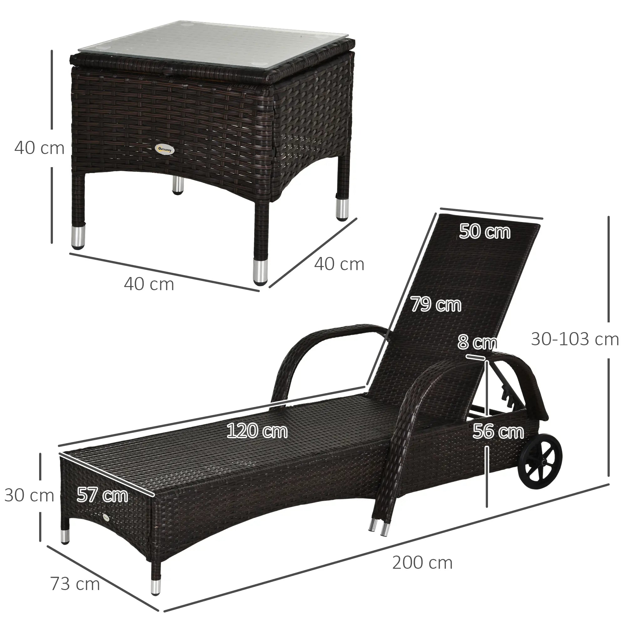 Outsunny Sonnenliegen-Set mit Rollen & Tisch Polyrattan Braun-Cremeweiß