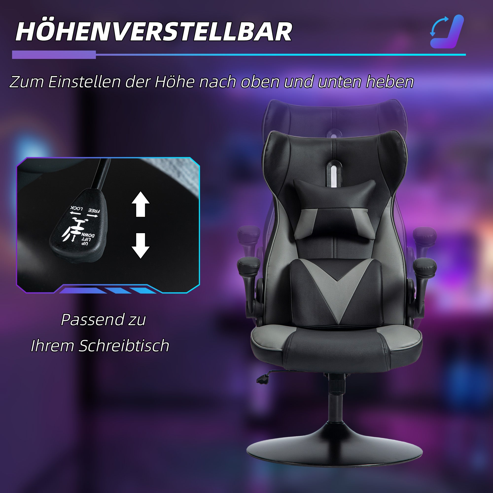 Vinsetto Gaming-Stuhl mit Schaukelfunktion, Drehstuhl, höhenverstellbar, gepolsterter Sitz, Metall, 67 x 71 x 112 cm, Grau