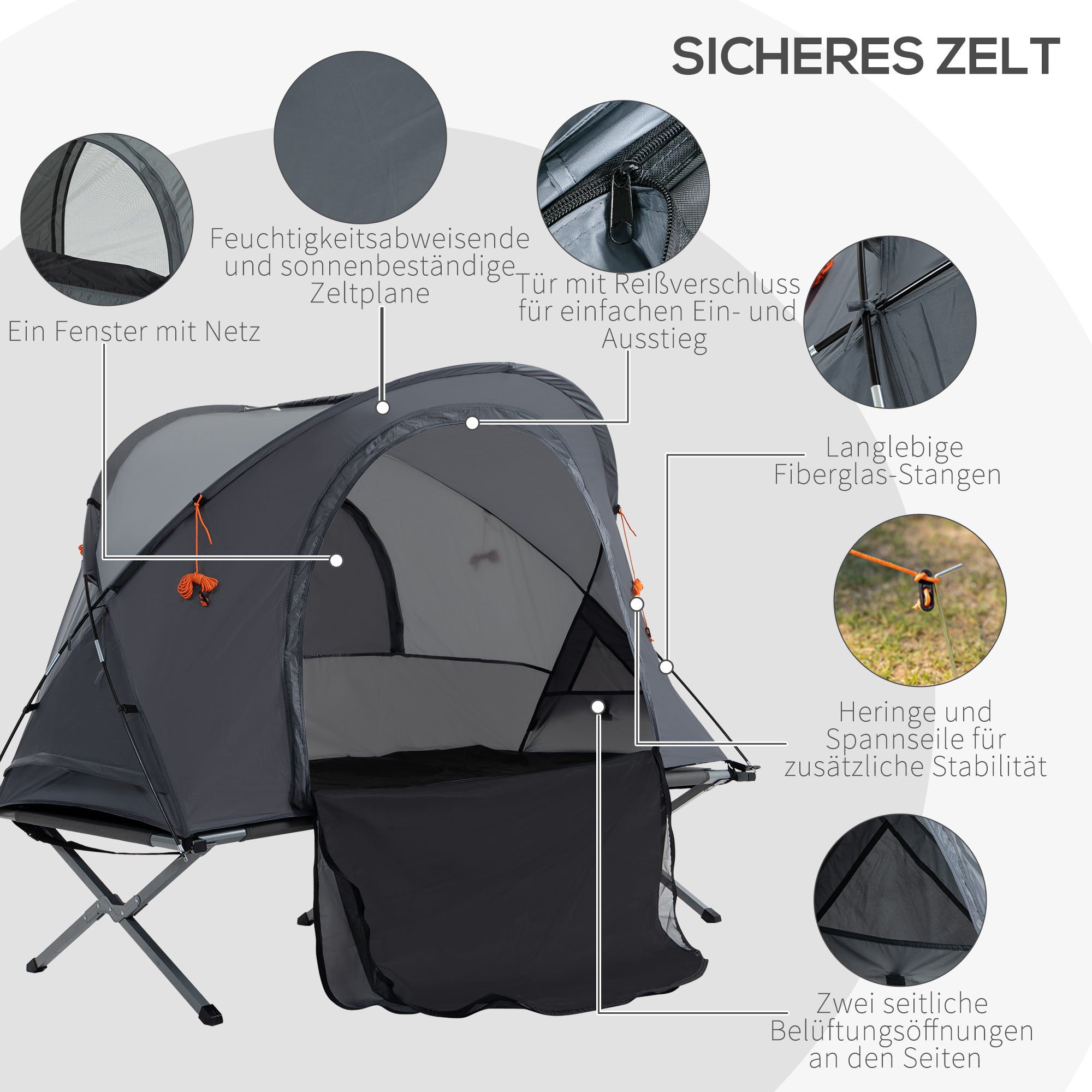 Outsunny Feldbett mit Kuppeldach Zelt + Liege wetterbeständig zusammenklappbar Grau 200 cm x 86 cm x 147 cm