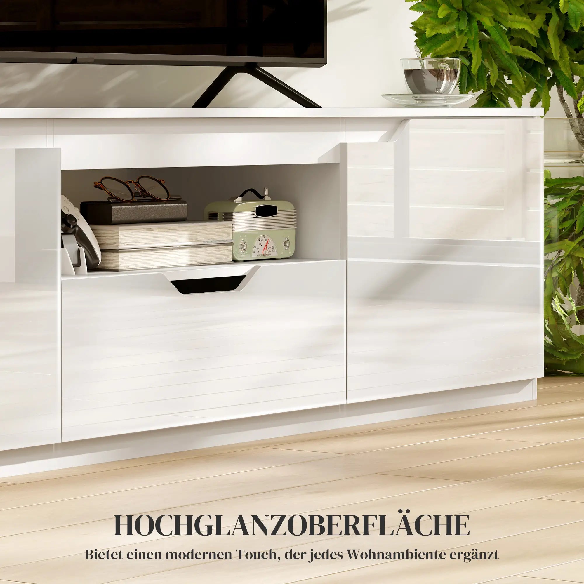 HOMCOM TV-Lowboard, Hochglanz, für Fernseher bis 65'', 3 Fächer, Schublade, 160 x 38 x 43 cm, Weiß
