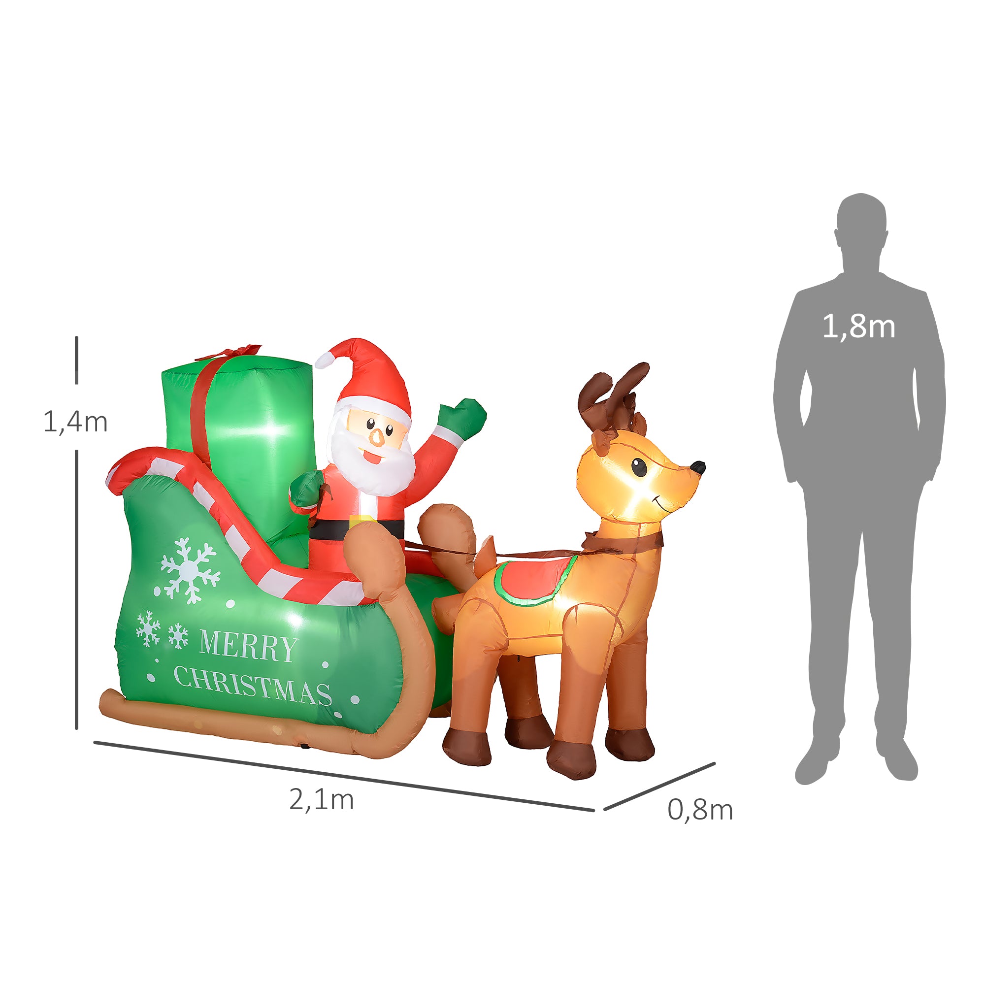 Outsunny Weihnachtsmann mit Schlitten & Rentier, aufblasbar, weiße LED-Beleuchtung, 210 x 80 x 140 cm