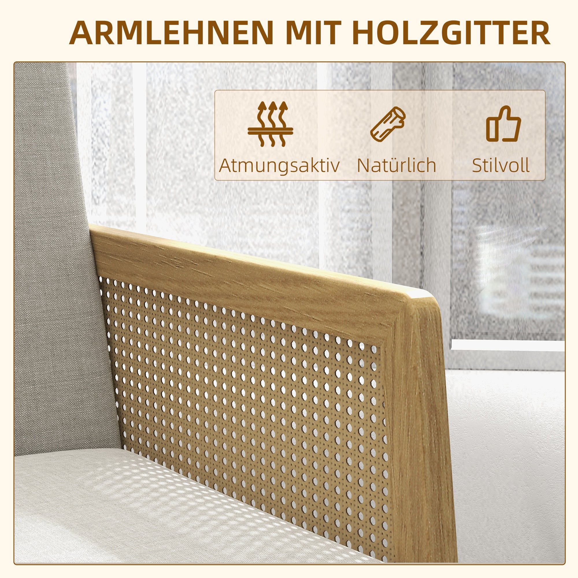 HOMCOM Akzentsessel, Armlehnen in Rattanoptik, bis 120 kg, breiter Sitz, Naturholzrahmen, Boho-Design, grau, 65,5 x 72 x 78cm