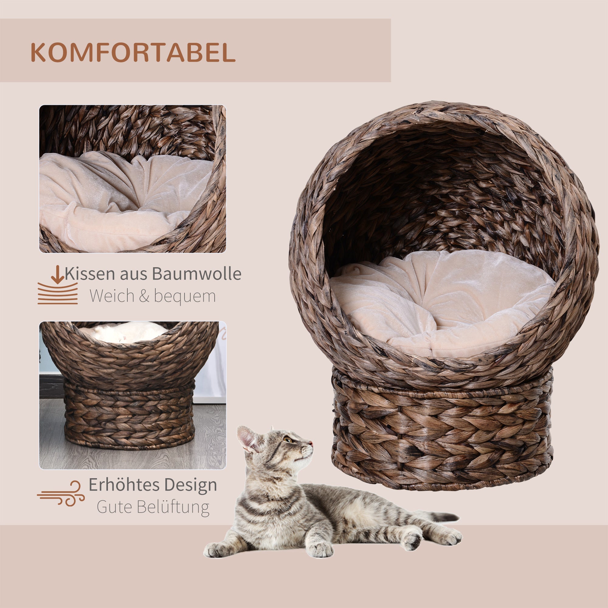 PawHut Katzenkorb aus Wasserhyazinthe inkl. Kissen, Katzenbett, Haustierbett,50 cm x 42 cm x 60 cm, Braun + Beige