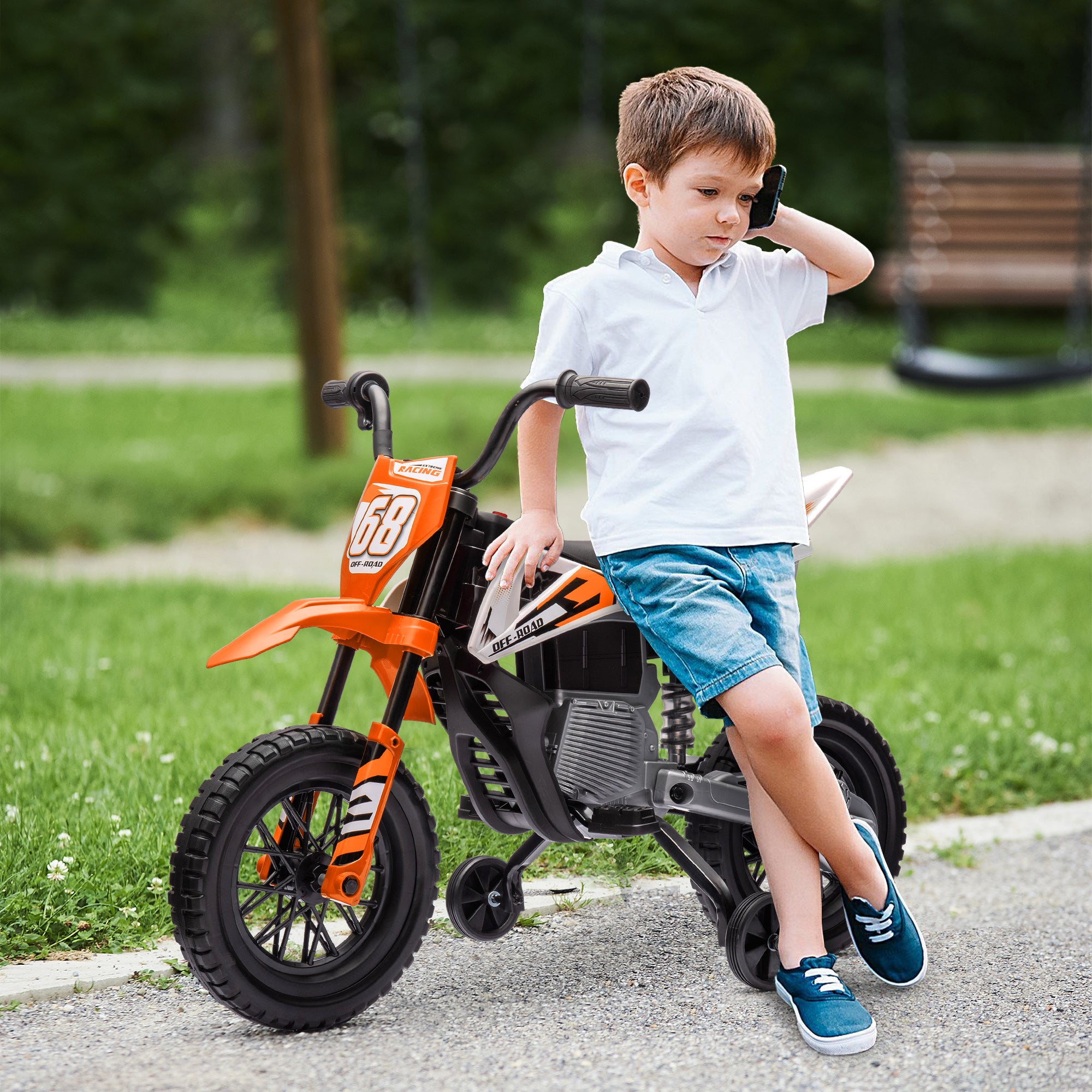 AIYAPLAY Elektro-Motorrad für Kinder, 12V Kindermotorrad mit Musik, Kinderfahrzeug mit Trainingsrädern, 3-6 Jahre, Orange