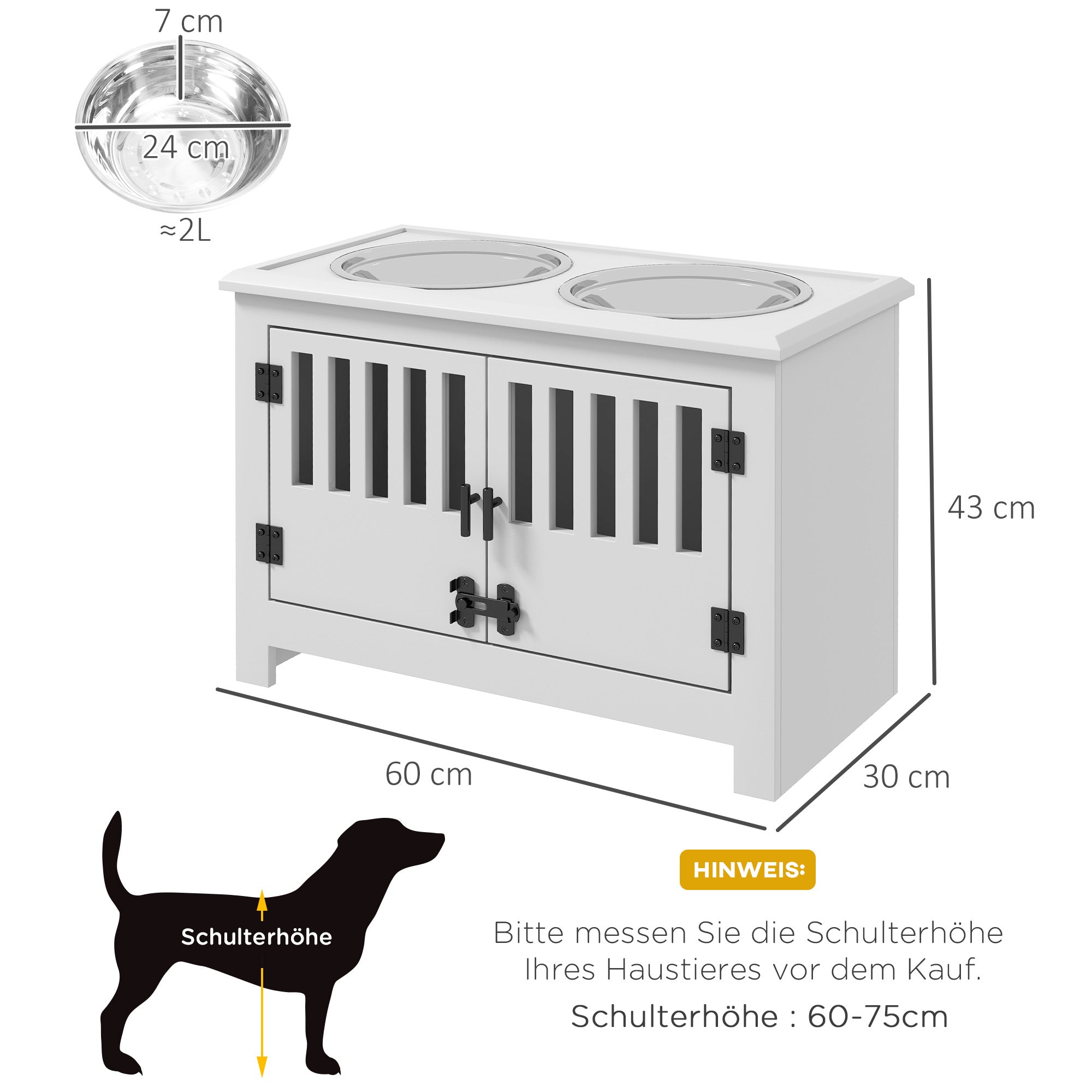 PawHut Erhöhte Futterstation für große Hunde, 2 Edelstahlnäpfe, Stauraum, 35,5x60x30 cm, Weiß