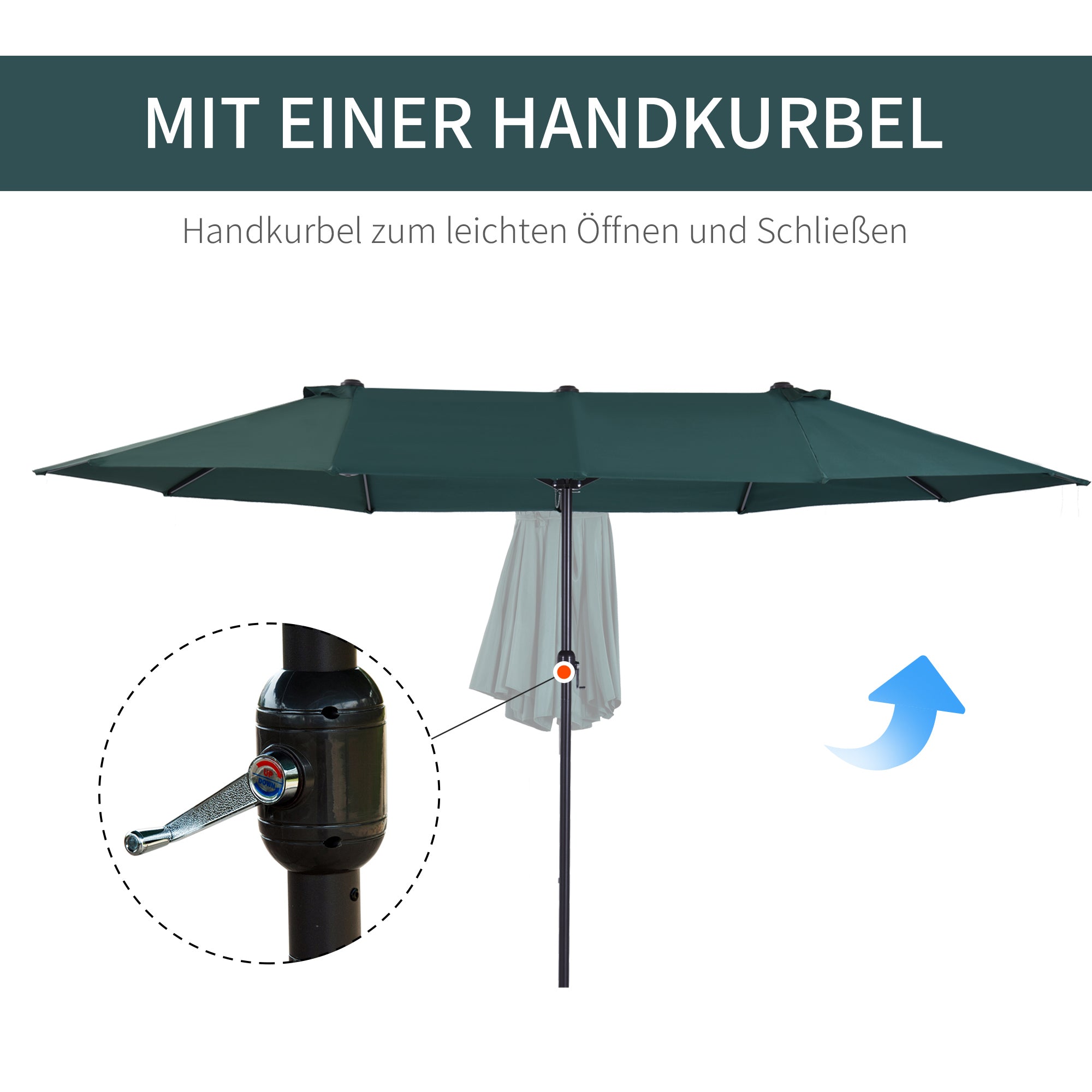 Outsunny Sonnenschirm Gartenschirm Marktschirm Doppelsonnenschirm Terrassenschirm mit Handkurbel Dunkelgrün Oval 460 x 270 x 240 cm