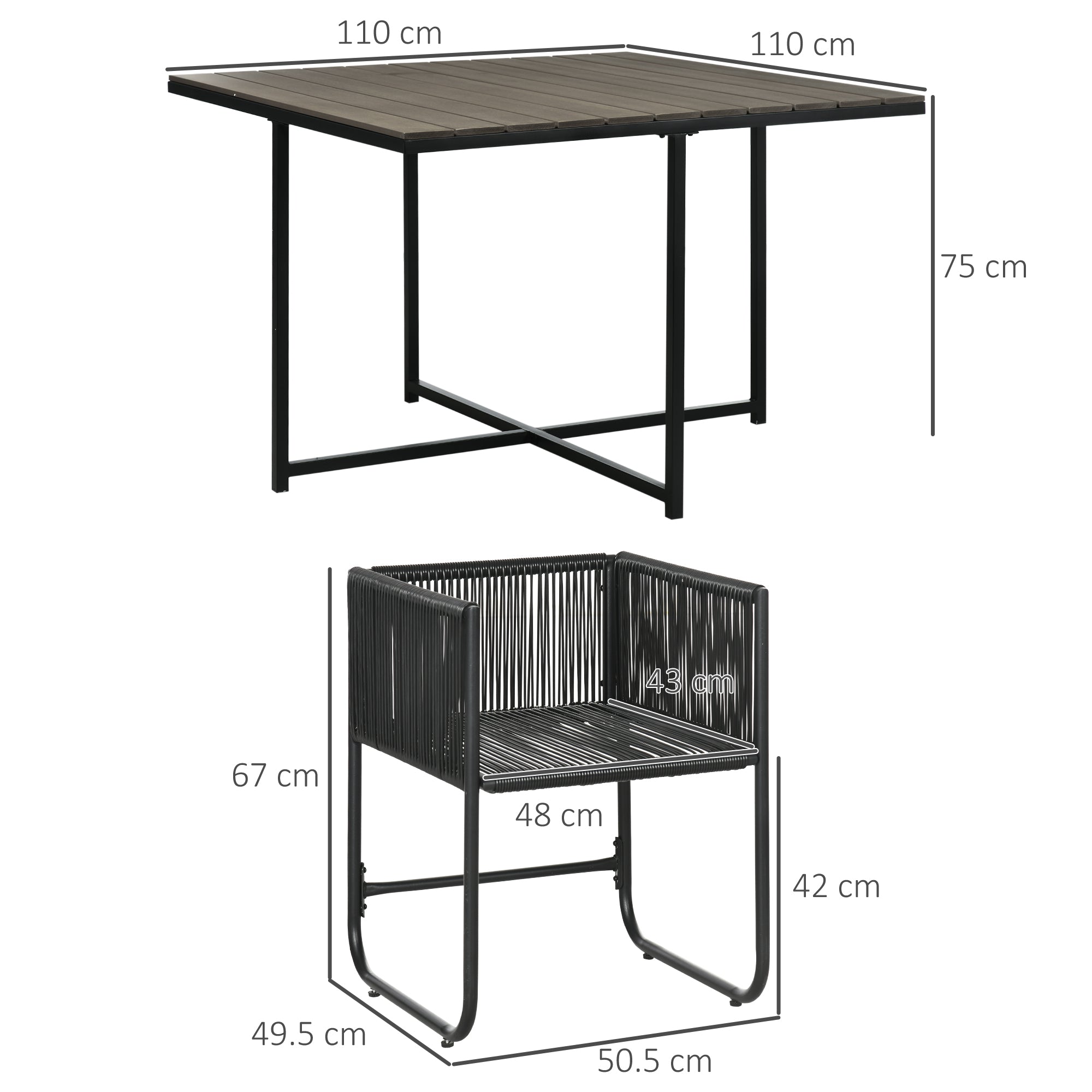Outsunny Outdoor Essgruppe, Gartengarnitur, 5-teilig, Polyrattan, Sitzkissen, wetterfest, Schwarz/Grau