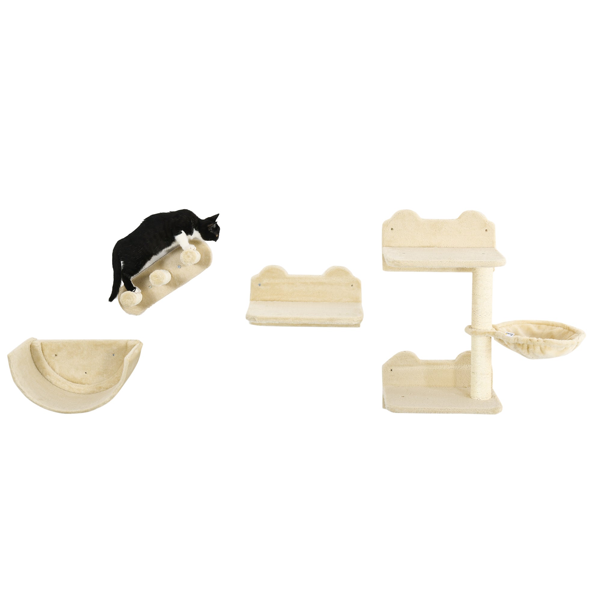 PawHut Kletterwand-Set für Katzen, 4-teilig, mit Katzentreppe, Hängematte, Plattform und Kratzbaum, Beige