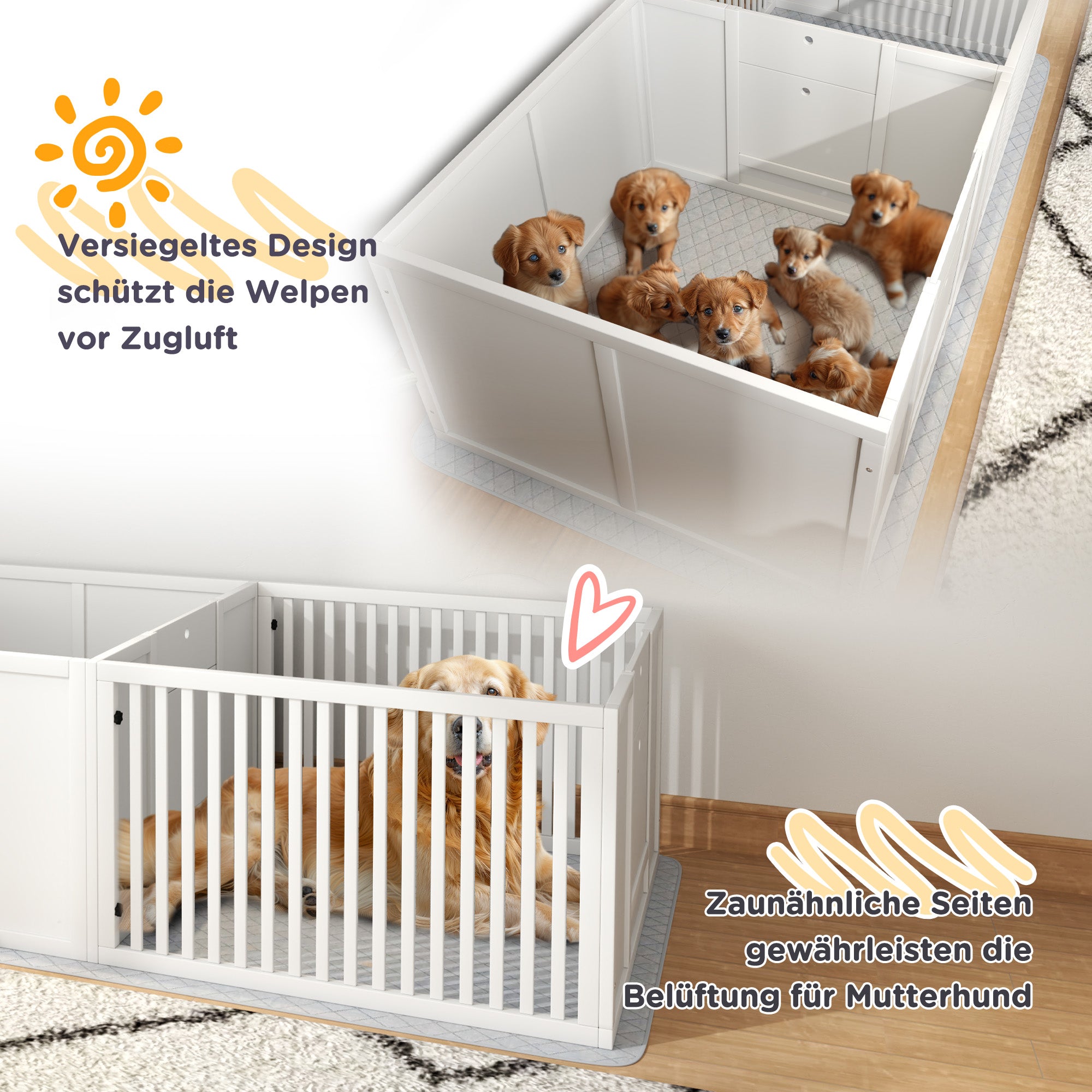 PawHut Wurfbox für Welpen, mit Unterlage, leicht zu reinigen, Holz, 166x80x50 cm, Weiß