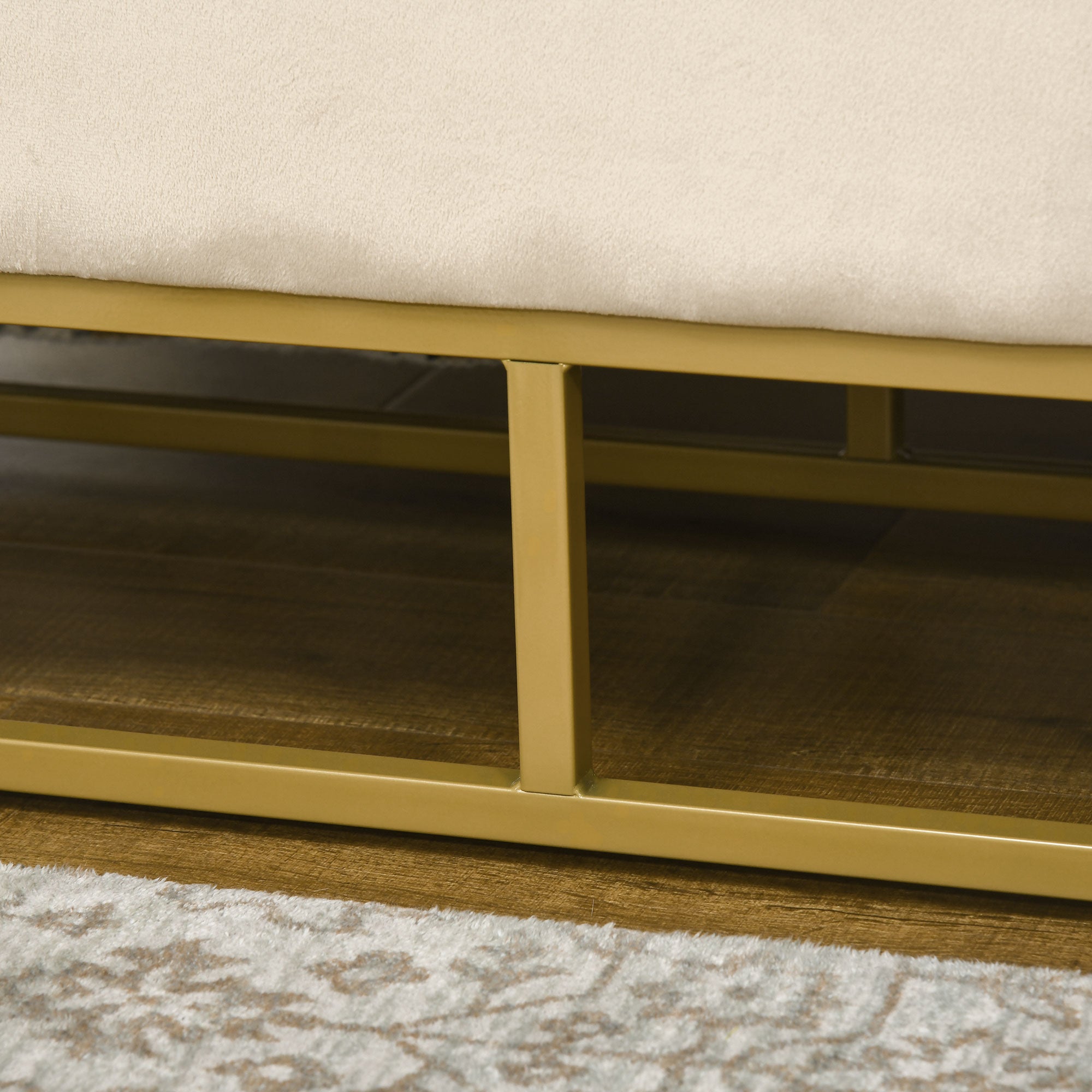 HOMCOM Sitzbank mit Stauraum, dekorative Knopfheftung, Flanelloptik, goldfarbene Stahlbeine, 110 x 47 x 46,5 cm