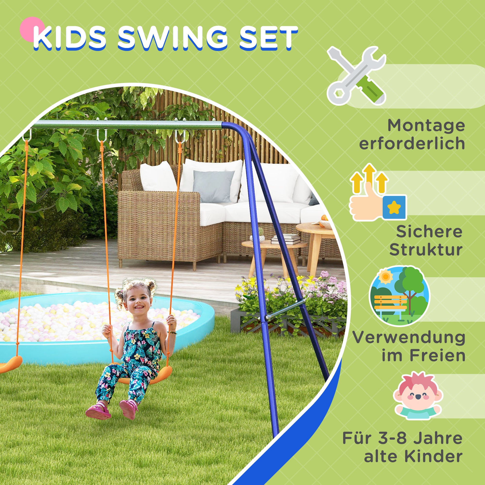 Outsunny Kinder-Schaukelgestell mit 2 Schaukelsitzen, für 3-8 Jahre, Stahl, 2,7 x 1,6 x 1,8 m